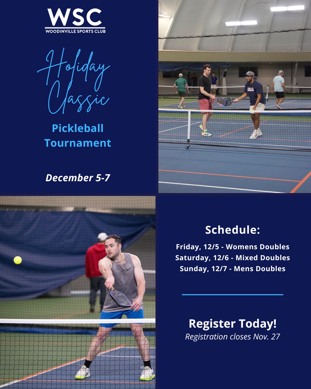 ⛄ IT'S TOURNAMENT TIME! 🎁
Grab your paddle and ring in the holiday season at WSC! Registration is open for our Holiday Classic Pickleball Tournament, December 5-7. Whether you're a seasoned pro or just getting started, this will be a fun and festive event!
🏓Round robin format
🌟Gold/silver/bronze playoffs for skills 3.0 - 5.0
❄️ Under 50 and 50+ age brackets
⏰ Registration closes November 26 and spots are filling up fast - don't miss out!
Learn more with the link in bio!
#pickleballtournament #holidayclassic #pickleballlife #pickleballcommunity #tournamenttime #pickleballfun #wscpickleball #holidaypickleball