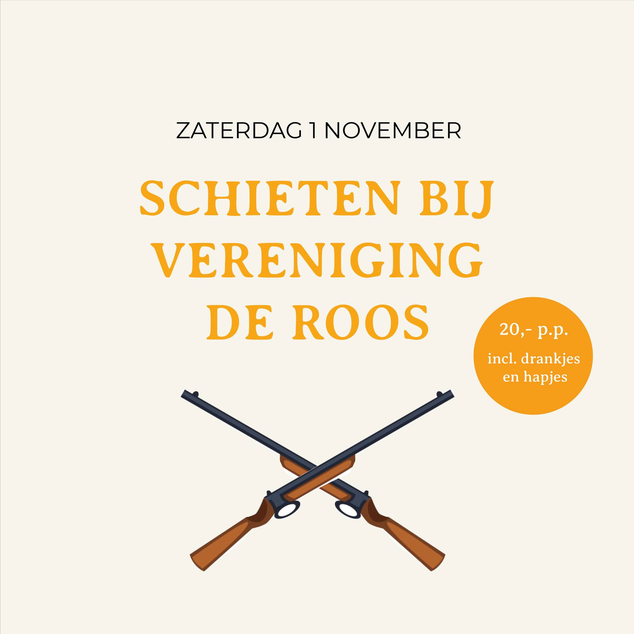 Zaterdag 1 november gaan we weer naar schietvereniging de Roos.💥💥💥
We verzamelen om 15:30u bij 't Houteveen en lopen samen naar de Roos.
Wie schiet het meeste recht in de roos en gaat er met de prijs vandoor?🤩
Aanmelden kan aan de bar. Gelieve direct te betalen i.v.m. kosten die op aanmelding worden gemaakt.