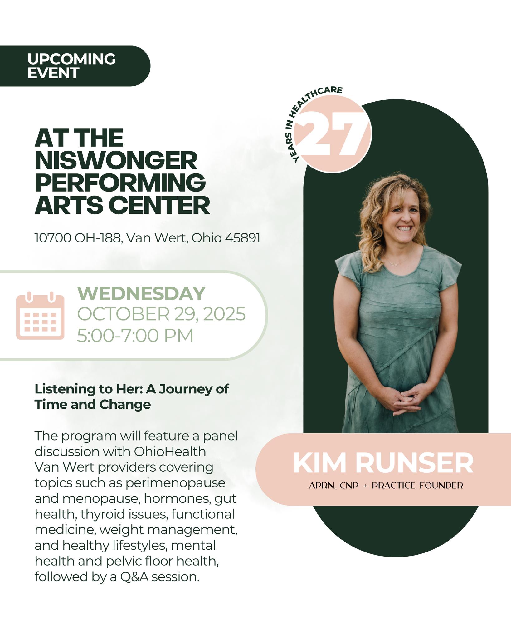 We are excited to announce a free event for local women and girls! Join us on Wednesday, October 29th, from 5 p.m. to 7 p.m. at the Niswonger Performing Arts Center for "Listening to Her: A Journey of Time and Change."
This informative session will cover important topics such as hormonal changes, perimenopause and menopause, gut health, diabetes, and mental wellness.
Don't miss the chance to engage and ask your questions during our dedicated Q&A session!
Featured Speakers:
- Dr. Cody Klinker
- Shane Gerber
- Kim Runser
- Kristen Price
To learn more and register, visit https://newsroom.ohiohealth.com/ohiohealth-van-wert-to-host-two-free-health-events-for-local-women-and-girls/.