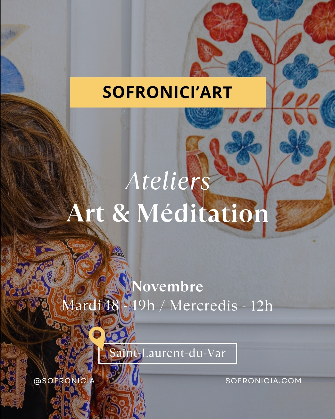 Les ateliers Art & Méditation continuent en novembre ! 🧘♀️ 🎨
Vous avez été nombreux à apprécier les séances de septembre… et bonne nouvelle : on reprend en novembre !
Guidés par Yoann Berteotti, sophrologue et directeur de Sofronicia, ces ateliers vous invitent à :
✨ Méditer autour des œuvres de Stella Erbibo et Bernard Remusat
✨ Explorer vos perceptions, votre intuition et votre conscience
✨ Prendre un vrai moment pour vous
Un moment hors du temps, ouvert à tous, pour nourrir votre conscience et votre créativité.
Informations pratiques :
📅 Le mardi 18 novembre à 19h / Les mercredis 05, 12, 19 et 26 novembre à 12h
🕖 1h30
📍Sofronicia, 40 Boulevard Jean Ossola, Saint-Laurent-du-Var
💳 20€ /séance
Inscription obligatoire, places limitées
📧 ecole@sofronicia.com
📞 06 84 70 51 29
🖥️ www.sofronicia.com
#sofronicia #sofroniciart #sophrologie #méditation #developpementpersonnel #artetmeditation
