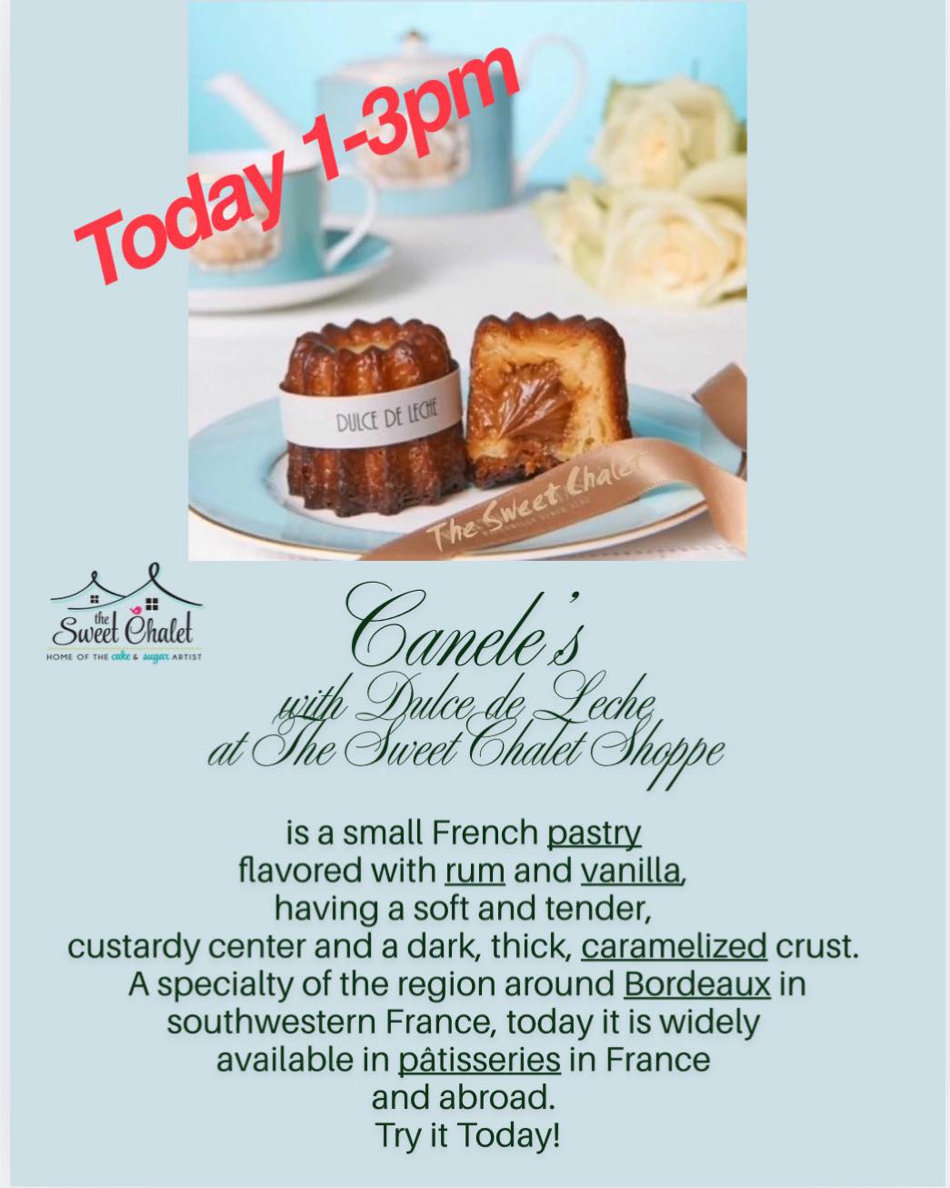 Today!! Today!!! Today!!! Because you ask for… Canelé’s with Dulce de
Leche! A delicious small French pastry flavored with rum & vanilla! In the outside, soft and tender in the center like a delicious custard. Come get your today!! Today Only 1:00-3:00pm #thesweetchaletshoppe #canelés #French #pastry #sweet #SimplyTheBest #SimplyDelicious #orlando #sanford #lake #Mary #lakemary #seminolecounty