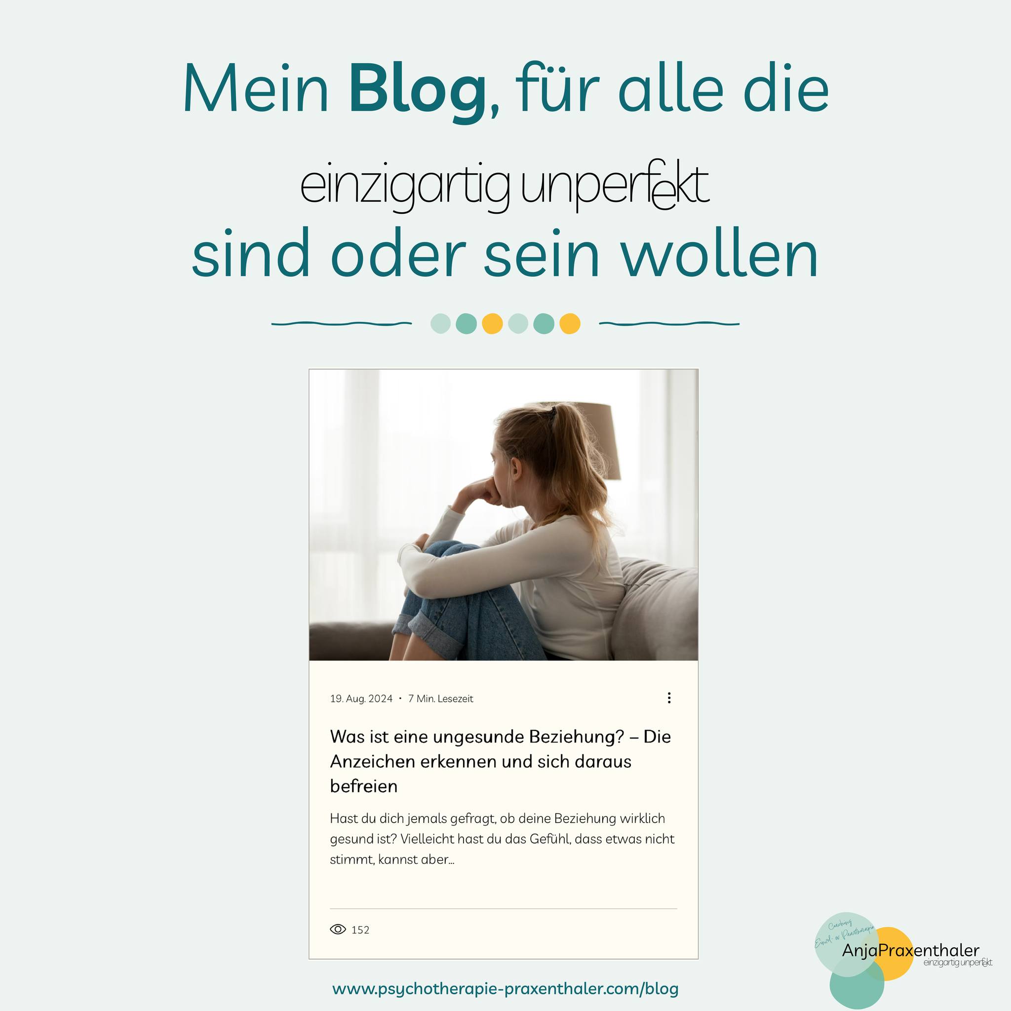 Mein Blog ist für alle da, die #einzigartigunperfekt sind oder sein wollen.
Hast du dich schonmal gefragt, ob deine Beziehung ungesund ist? Dieser Blogartikel gibt dir Antworten auf die Fragen: Wiederkenne ich erste Anzeichen einer ungesunden Beziehung und wie kann ich mich daraus befreien.
#HeilpraktikerinFürPsychotherapie #PraxisPraxenthaler #AnjaPraxenthaler #Einzeltherapie #Paartherapie #Coaching #einzigartigunperfekt
