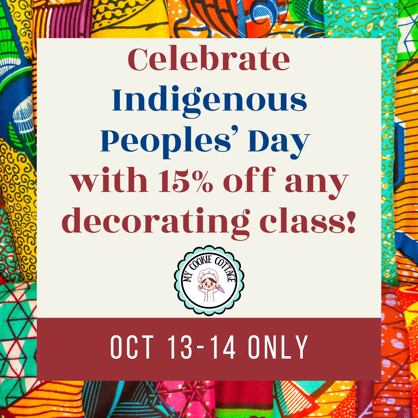 In honor of Indigenous Peoplesâ Day (and my slight delay in noticing the date), Iâm sharing a little sweetness your way. Because celebrating culture, creativity, and cookies never goes out of style. â¤ď¸
Use Code --> SweetSale15
Sign up today or tomorrow for ANY upcoming class and get 15% off!
Thanks for sailing with me on this sweet (and slightly delayed) adventure.
https://www.facebook.com/MyCookieCottageLLC/events