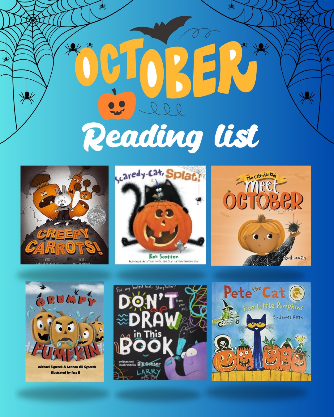 These Halloween read-alouds are full of giggles, surprises, and fall vibes! Stories like Creepy Carrots, Scaredy Cat Splat, and Pete the Cat and the Five Little Pumpkins are perfect for practicing language and speech skills. Pause to talk about the characters, describe the scenes, repeat key words and sounds, or ask “wh” questions to encourage conversation. Act out silly parts to make it even more fun.
Links to the Youtube read alouds:
Creepy Carrots: https://www.youtube.com/watch?v=wokAWc-3EVM
Scaredy Cat Splat: https://www.youtube.com/watch?v=dRWxy6Ag6E0
Meet October: https://www.youtube.com/watch?v=4Wp3haFgcx0
Grumpy Pumpkin: https://www.youtube.com/watch?v=JAqXjdQ-Yv0
Don’t Draw on this Book: https://www.youtube.com/watch?v=Fb3RohTEbq0
Pete the Cat and the Five Little Pumpkins: https://www.youtube.com/watch?v=xqbnpf0CQac
Links to the YouTube read-alouds: