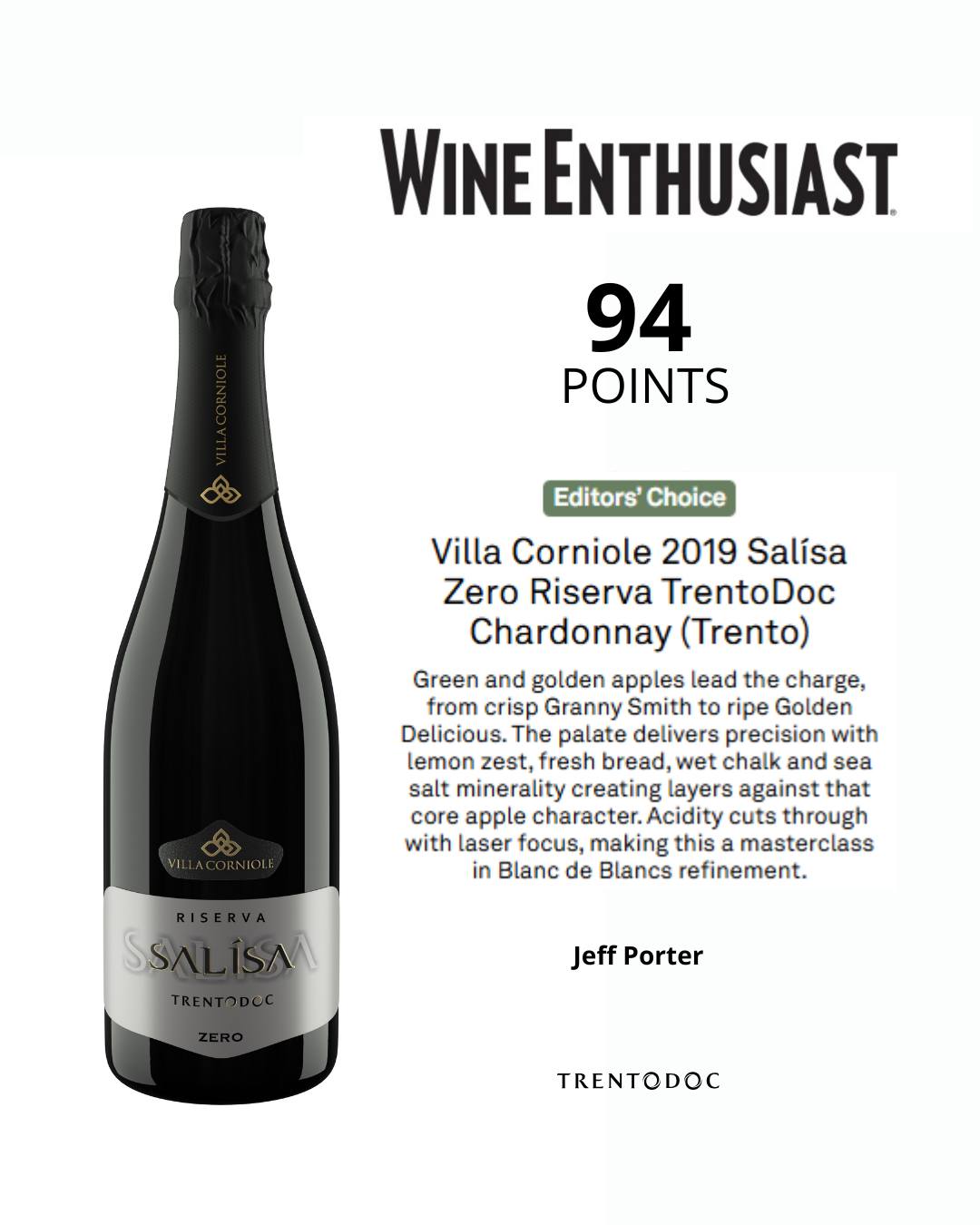 Siamo onorati di condividere un nuovo importante traguardo: 94 punti e Editors’ Choice di #WineEnthusiast per il nostro Salìsa Zero Riserva TrentoDoc 2019. Un Blanc de Blancs di montagna, puro e raffinato, che racchiude l’essenza della Val di Cembra con eleganza, precisione e mineralità, affinato sui lieviti per 60 mesi. @wineenthusiast Wine Enthusiast
-
We are proud to share another prestigious achievement: 94 points and Editors’ Choice by #WineEnthusiast for our Salìsa Zero Riserva TrentoDoc 2019. A pure and refined Blanc de Blancs from the mountains, expressing the soul of the Cembra Valley through elegance, precision, and minerality, aged for 60 months on the lees.
www.villacorniole.com
@jeffporterwine @salisa_trentodoc @trentodoc
#VillaCorniole #TrentoDOC #Salisa #WineEnthusiast #EditorsChoice #94points #MetodoClassico #CembraValley #MountainWines #WomenInWine #BlancDeBlancs #ValdiCembra