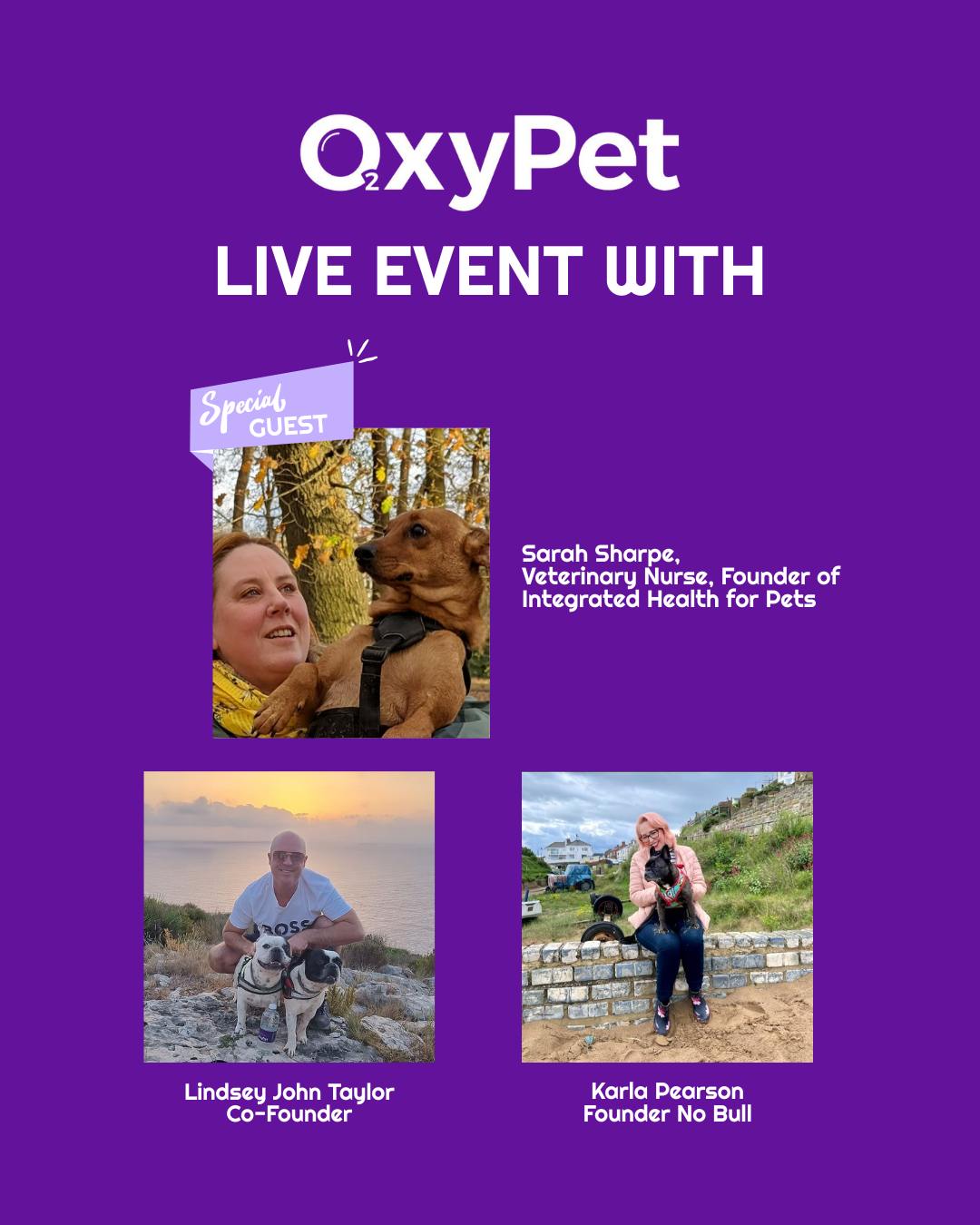 This week, Lindz Taylor, Co-Founder of OxyPet, and Karla Pearson (OxyPet & No Bull) are joined by Sarah Sharpe, Qualified Veterinary Nurse and founder of @integratedhealth4pets.🐾
They’ll be chatting about the shift from traditional to holistic care, how Sarah supports pet parents through more natural choices, and what she really thinks of OxyPet.
Join us live tonight, Wednesday, 15th October at 7.30pm on the OxyPet Facebook page for an open chat about what real pet wellness looks like. 🌿
Join via the link > https://fb.me/e/5mK0VoiUH