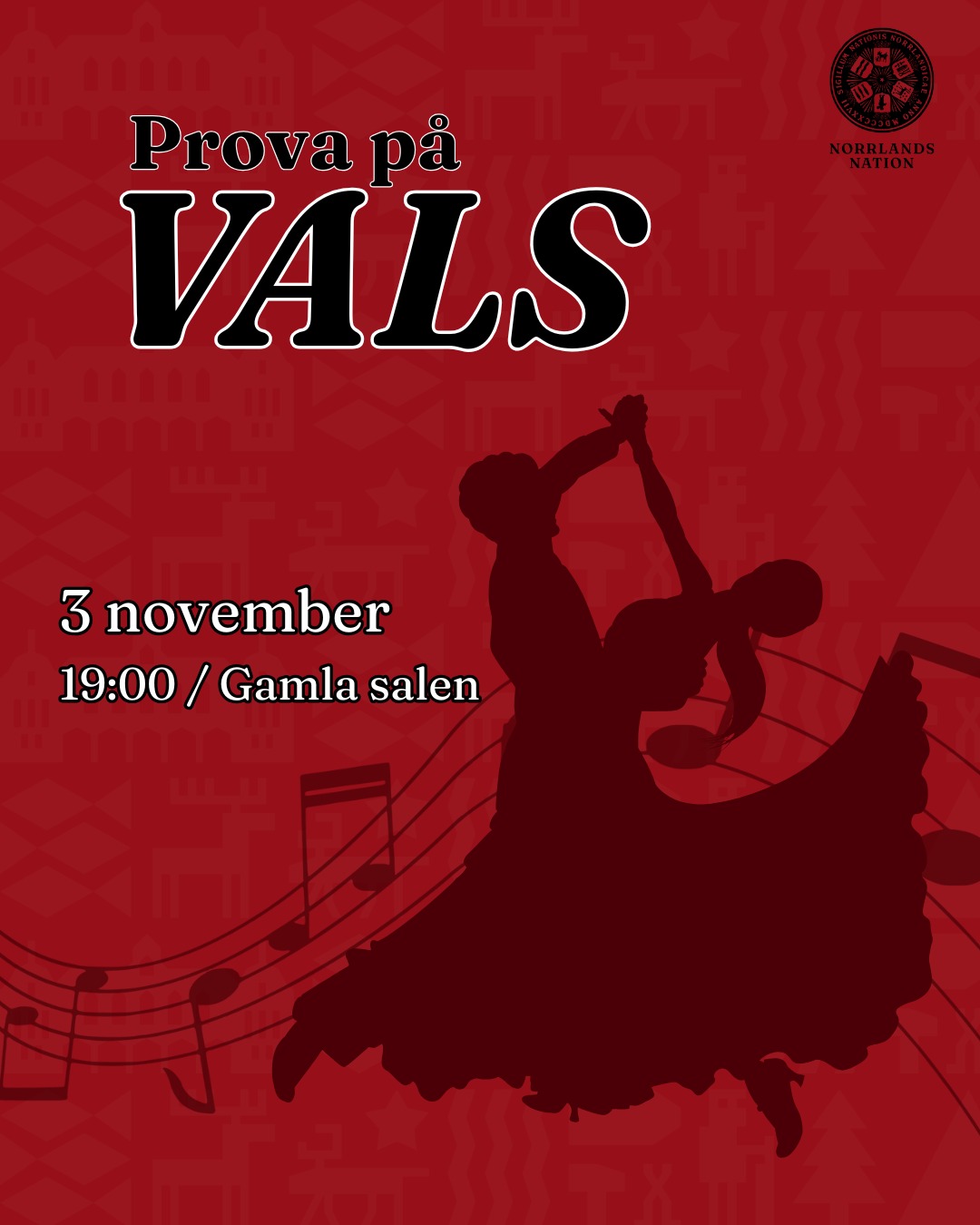 Vill du lära dig dansa vals? 💃🕺
Den 3 november bjuder Kulturutskottet på Norrlands nation in till prova på-vals!
Kom själv, med en vän eller partner, och lär dig grunderna i denna klassiska dans! Kanske ska du gå på höstbalen, och då är detta ett ypperligt tillfälle att lära sig valsa. Alla är såklart välkomna!
Datum: Måndag 3 november
Tid: 19:00 – 20:00
Plats: Gamla salen, Norrlands nation
Kostnad: Gratis
Kunskapsnivå: Inga förkunskaper krävs
Språk: Svenska
Ingen föranmälan krävs – det är bara att dyka upp!
Om vals:
Vals är en elegant och tidlös pardans i tretakt, ofta dansad på baler, bröllop och andra festliga tillfällen. Under passet går vi igenom grunderna i vals så att du kan känna dig trygg och bekväm på dansgolvet. Under prova på-vals byts danspartner under lektionens gång, så att alla får möjlighet att dansa med flera olika personer.
___
Do you want to learn how to waltz? 💃🕺
On November 3rd, the Culture Committee at Norrlands Nation invites you to Try it out-waltz!
Come alone, with a friend or partner, and learn the basics of this classic dance! Maybe you're going to the autumn ball, in which case this is an excellent opportunity to learn how to waltz. Everyone is welcome, of course!
Date: Monday, November 3rd
Time: 19:00-20:00
Location: Gamla salen, Norrlands nation
Cost: Free
Knowledge level: No prior knowledge required
Language: Swedish
No pre-registration required – just show up!
About the waltz:
The waltz is an elegant and timeless couple dance in triple time, often danced at balls, weddings and other festive occasions. During the session, we will go through the basics of the waltz so that you can feel confident and comfortable on the dance floor. During the Try-it-out waltz, dance partners are changed during the lesson so that everyone has the opportunity to dance with several different people.