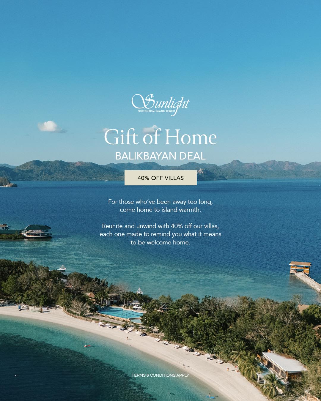 This is our Gift of Home — a heartfelt welcome to our beloved balikbayans. ❤️
Let us be part of your homecoming with up to 40% off on stays at Sunlight Hotels & Resorts. Simply present proof of overseas employment or residency to enjoy this exclusive offer made especially for our modern-day heroes.
For bookings and inquiries, email or message us at reservations.setir@sunlighthotelsandresorts.com, +63 917 521 4260 or +63 930 020 8218.
#DoseOfSunlight #GiftOfHome #BalikbayanDeal