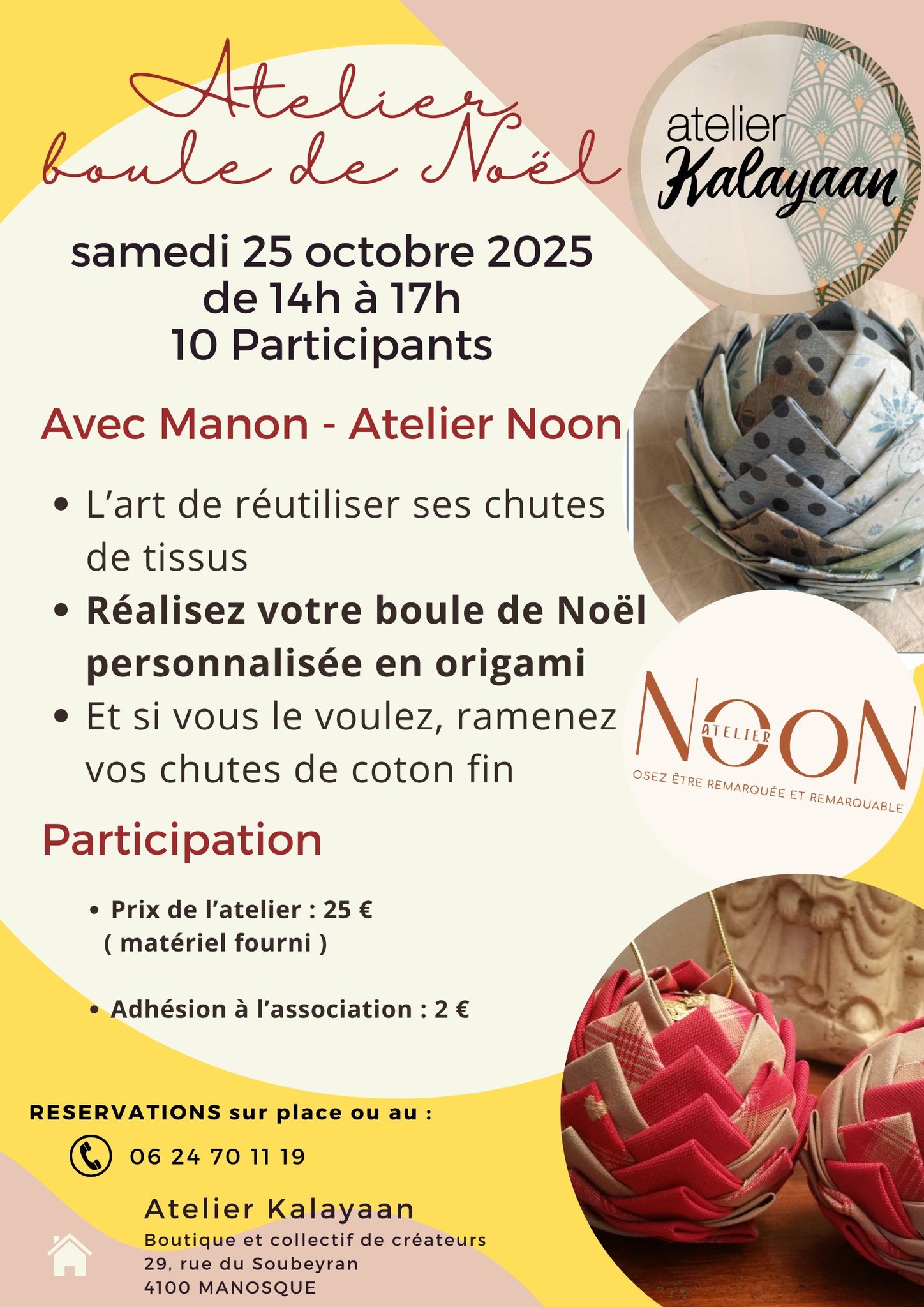 Salut vous!
J'organise ces 2 ateliers dans les locaux de la boutique Atelier Kalayaan
Il reste encore des places, n'hésitez pas à vous inscrire soir en boutique directement soit en passant par mon numéro sur l'affiche !
A toit bientôt