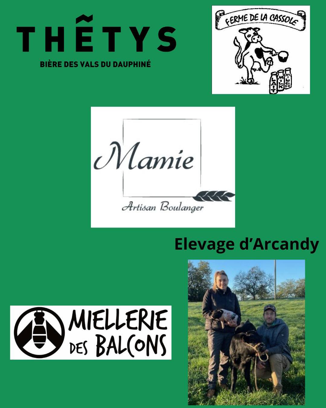 🥖 Nos partenaires locaux, notre fierté 🌾
Chez Boulangerie Mamie, on aime savoir d’où viennent les bons produits que l’on utilise et que l’on vous propose au quotidien 💛
👉 C’est pourquoi nous travaillons main dans la main avec des producteurs de la région :
🥛 La Ferme de la Cassole Ferme de la Cassole à Saint-Didier-de-la-Tour — pour le lait bio de notre crème pâtissière, béchamel...
🥓 L’ @elevagedarcandy — pour le jambon, les lardons et la terrine que vous retrouvez dans nos produits snacking, mais aussi en bocaux à la vente.
🍯 La Miellerie des Balcons à Corbelin — pour son miel local au goût authentique.
🍺 Les bières Thétys de Saint-Clair-de-la-Tour — brassées tout près de chez nous, parfaites pour accompagner vos apéros ou pique-niques !
Travailler avec eux, c’est soutenir l’artisanat local, la qualité, et les circuits courts 🙌
Merci à ces partenaires passionnés qui partagent nos valeurs ❤️
#BoulangerieMamie #ProduitsLocaux #CircuitsCourts #FaitMaison #SaintClairDeLaTour #FiersDeNosPartenaires
