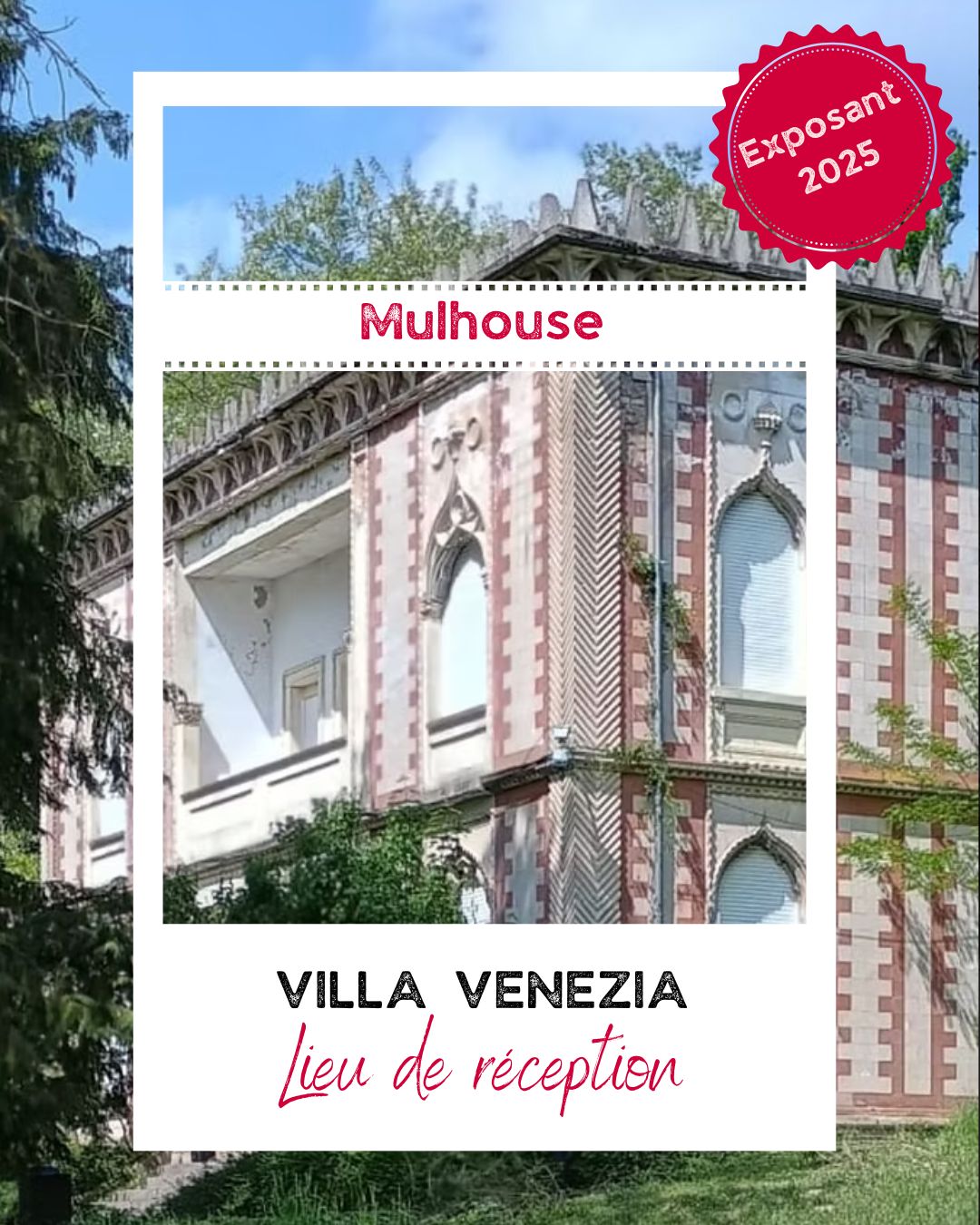 La @lavillavenezia – Un écrin d’exception pour vos événements !
Nichée dans un parc verdoyant d’un hectare, la Villa Venezia est une bâtisse de caractère au charme unique, idéale pour célébrer vos plus beaux moments. Son cadre raffiné et naturel en fait le lieu parfait pour des mariages inoubliables, des réceptions élégantes ou des événements intimistes.
Dans le parc, un chapiteau viendra accueillir vos convives dans une atmosphère conviviale et chaleureuse, en harmonie avec la nature environnante. Le vaste jardin devient alors un décor vivant, où chaque instant se transforme en souvenir précieux.
📍 Retrouvez Marion,les 18 & 19 octobre à la Cité du Train de Mulhouse.
🎟️ Billetterie : www.wildinlovefestival.com