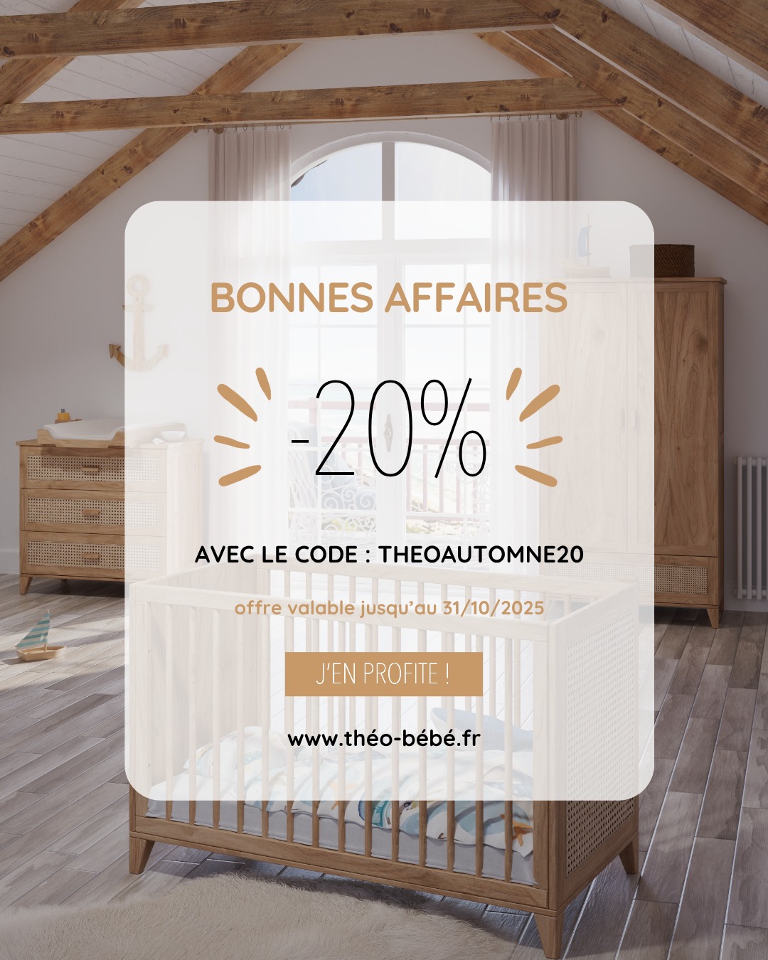 Profitez de -20% sur vos meubles Théo Bébé avec le code THEOAUTOMNE20 ! ✨
Aucune inscription nécessaire, il vous suffit d’utiliser le code lors de votre commande.
Offre valable jusqu’au 31 octobre.
Offrez à bébé une chambre sûre et élégante à prix doux ! 💛
👉 Commandez dès maintenant sur : www.théo-bébé.fr
#theobebe #promobebe #chambrebebe #meublesbebe #offreexclusive #ecoresponsable #rotin #boisnaturel