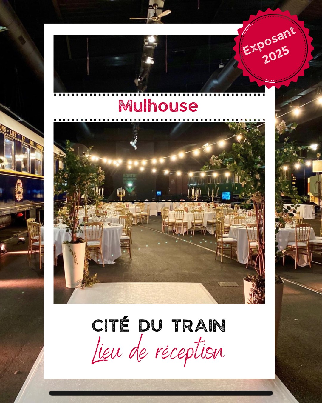 De la vapeur au TGV, en passant par les trains de légende, ce lieu unique mêle histoire, authenticité et grandeur. Ses vastes espaces, son atmosphère singulière et son cachet industriel en font un décor spectaculaire pour célébrer votre mariage — un lieu qui impressionne autant qu’il émeut.
Embarquez pour un voyage hors du temps avec la @citedutrain, le plus grand musée ferroviaire d’Europe.
🎬 Si leur univers était un film ? Le Train Bleu, pour son élégance intemporelle et son invitation à l’évasion.
💍 Leur thème préféré : le voyage, évidemment.
Leur conseil aux futurs mariés :
- anticiper,
- s’organiser
- et bien choisir ses prestataires — la clé d’un mariage fluide et serein.
Pour Valérie et Camille, le Wild in Love, c’est créativité : un espace d’expression où chaque couple imagine son histoire autrement.
📍 Retrouvez les à la Cité du Train, lieu partenaire et hôte du Wild In Love Festival Mulhouse, les 18 & 19 octobre !
🎟️ Et bonne nouvelle : 1 place achetée = 1 place offerte en prévente !
👉 Billetterie : www.wildinlovefestival.com