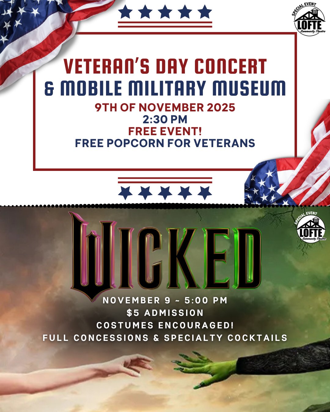 Coming up on November 9th, we have not one but two fantastic special events! Starting at 2:30 pm is our Veterans' Day Program featuring the Mobile Military Museum display in the lobby! Entry to this event is free for everyone, and Veterans receive a free popcorn.
Then, that night, stick around for a wickedly good time as we host a sing-along to Wicked, Part 1! The movie will start at 5:00 and will include full concessions and specialty cocktails.
Come out to the Lofte and spend the day with us! Good times are sure to be had by all!
.
.
.
.
.
#Lofte #TheLofte #BornInABarn #LofteTheater #CommunityTheater #CommunityTheatre #Volunteer #Nebraska #CassCounty #Lincoln #Omaha #WeepingWater #Manley #theatre #theater #live #livetheater #livetheatre #specialevents #wickedsingalong #veteransday #mobilemilitarymuseum #wickedpart1