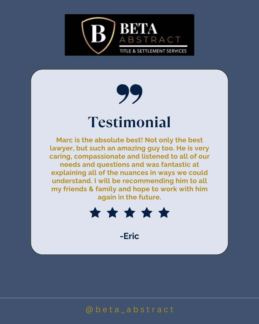 ⭐ Client Spotlight ⭐
We’re so grateful for our amazing clients who take the time to share their experiences!
Thank you for the kind words and trust — we’re proud to work alongside exceptional attorneys like Marc who go above and beyond for every client. 💙
#ClientReview #TitleCompany #RealEstateClosing #HomeBuying #ClosingDay #ClientLove #RealEstateLaw #PropertyClosing #TrustedTeam #RealEstateProfessionals #BetaAbstract