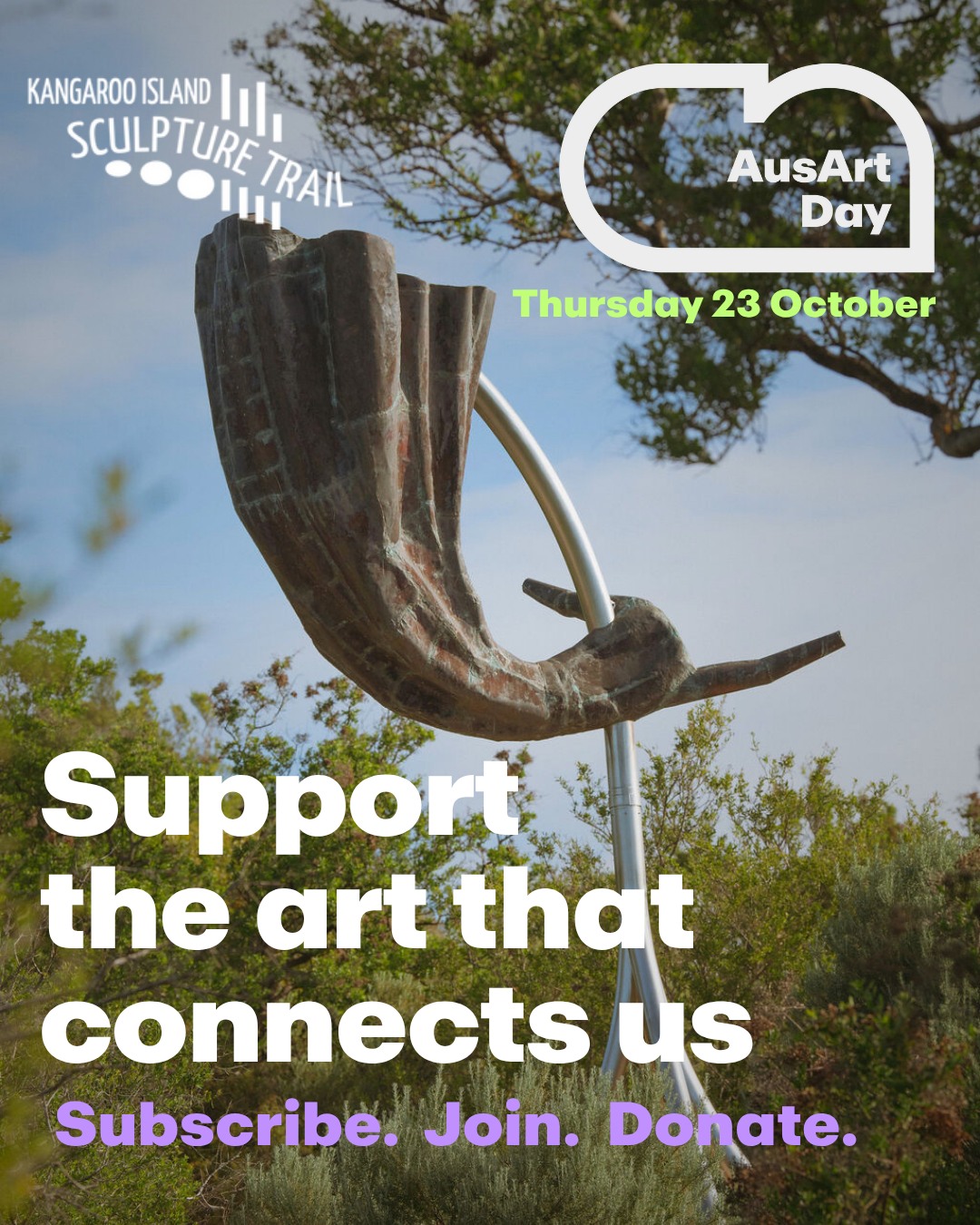 Aus Art Day is a nationwide movement to encourage the community to support their local artists and arts organisations on a single, powerful day.
The Kangaroo Island Sculpture Trail is our community-owned and powered cultural art trail. Supporting us is easy. Simply:
💛 Subscribe to stay in touch with projects, opportunities and events.
🤝 Become a Friend of the Trail to join the trail community.
🎨 Donate towards our next art acquisition (it's tax-deductible!)
🔗 To show your support, follow the link in bio!
.
.
.
.
.
.
.
.
.
.
#AusArtDay #KISculptureTrail #CommunityArt #KangarooIsland #SupportTheArts #VolunteerPower @creative.australia @kangarooislandcouncil @authentickangarooisland #unfilteredkangarooisland @ausculturalfund