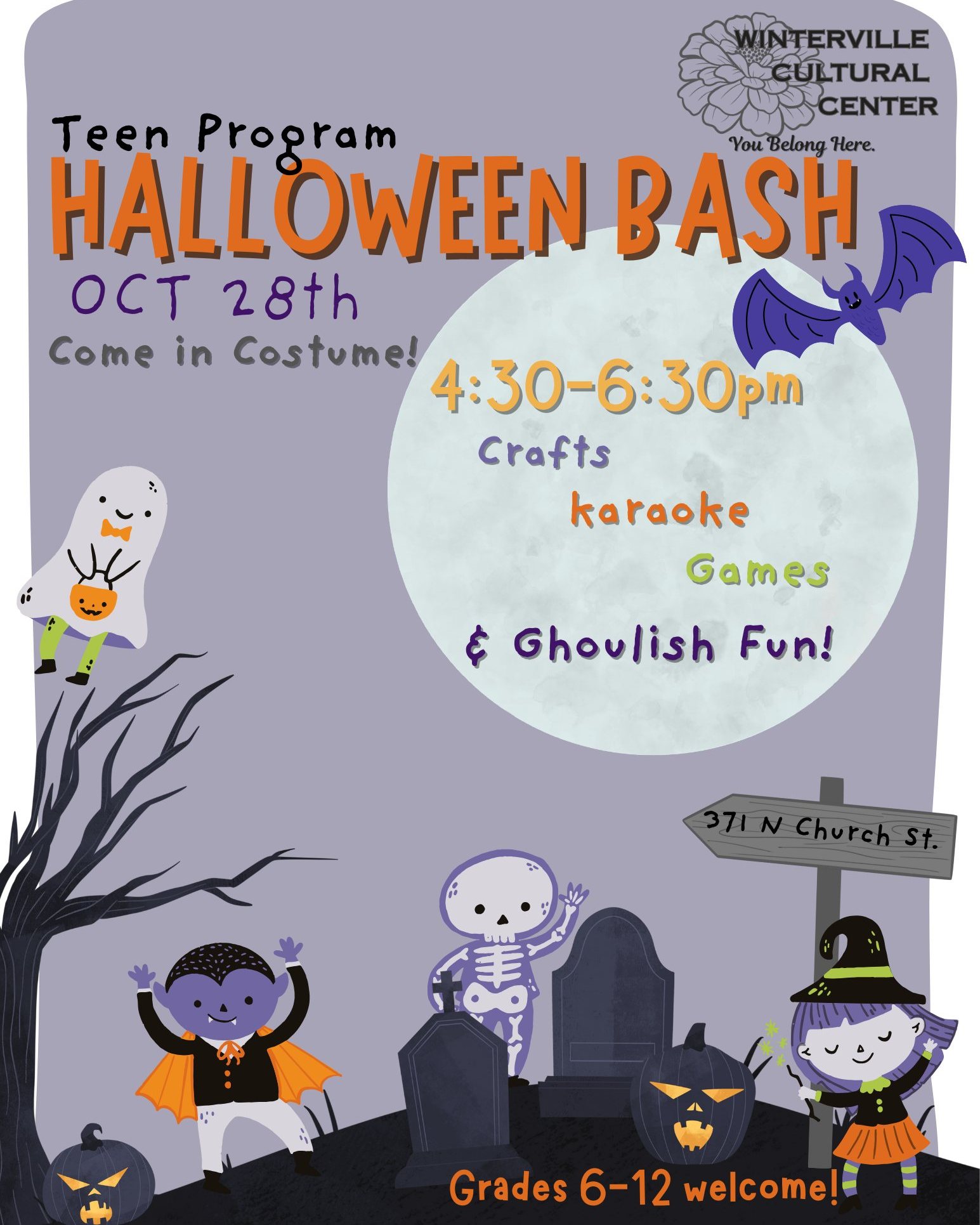 Calling all the monsters! Join the Cultural Center's Teen Program the Tuesday before Halloween for an after-school bash! Anyone grades 6-12 welcome!
