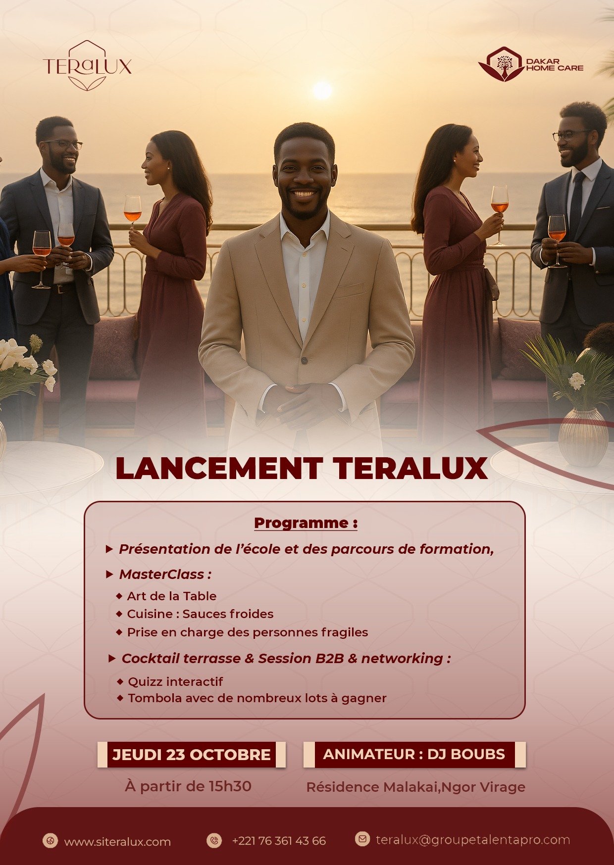 LANCEMENT TERALUX ✨
L’excellence africaine a rendez-vous ce jeudi 23 octobre à 15h30 à la Résidence Malakai (Ngor Virage)
Au programme :
Masterclass
Cocktail terrasse & Networking
Quiz & Tombola
Animation assurée par DJ Boubs
Teralux, c’est plus qu’un institut de formation.
C’est une vision : faire du service un art, et de chaque professionnel une référence.
Réservez vite votre place (lien en bio)