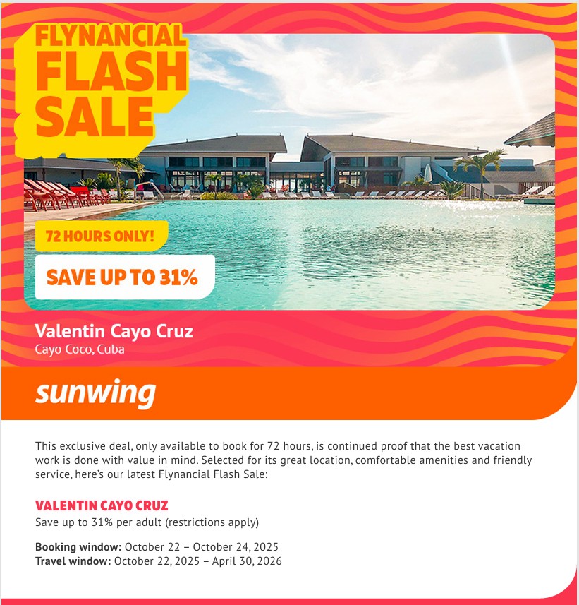 For those wanting to escape the cold this winter, Valentin Cayo Cruz with Sunwing Vacations is having a flash sale of up to 31% off until Oct 24. Call me today to book your sunny Cuban getaway
#bookwithwayyza #sunwingvacations