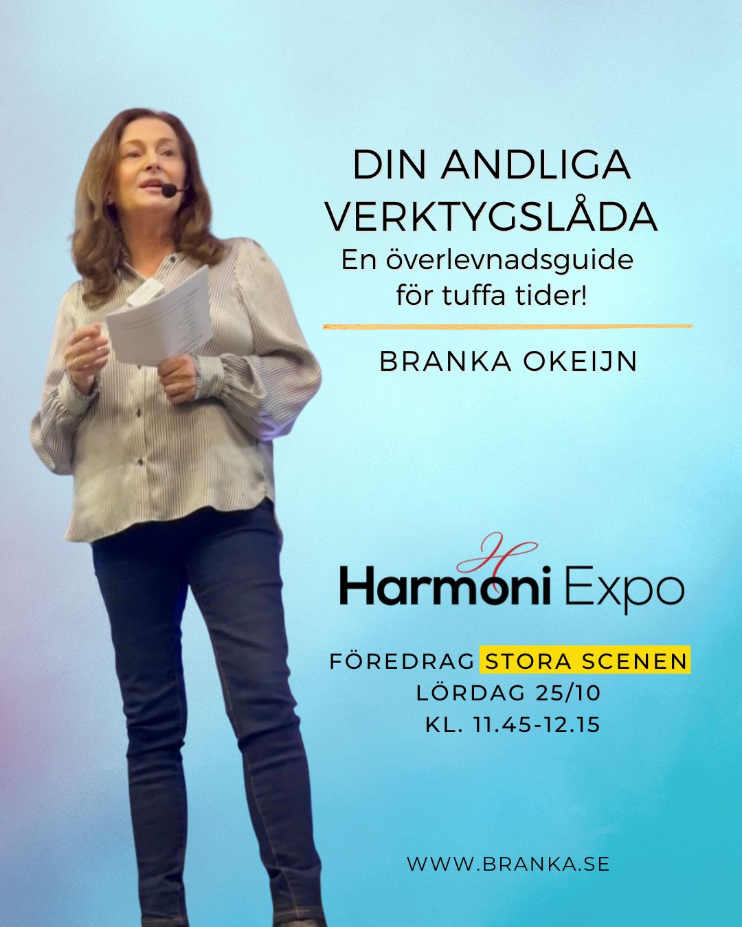 När livet pressar på är det lätt att tappa fotfästet, men allt du behöver finns redan inom dig. Dina känslor, din intuition och din egen inre vägledning. I "Din andliga verktygslåda – en överlevnadsguide för tuffa tider" delar jag enkla verktyg som hjälper dig hitta tillbaka till klarhet, lugn och själslig balans.
Ett litet ljus i mörkret, när du behöver det som mest. 💗
Efter föredraget får du tillgång till en kostnadsfri guide att ladda ner - en hoppfull vägvisare i förändringens tid. 😀
@harmoniexpo
Stora Scenen
Lördagen den 25 oktober
KL 11.45-12.15