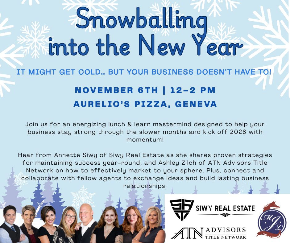 📣 AGENTS — Let’s Lunch & Learn!
JOIN US!
🗓 Wednesday, November 6 | 12–2PM
🍕 Aurelio’s Pizza, Geneva
🚨An energizing Lunch & Learn Mastermind to keep your business strong through the slow season and launch into 2026 with momentum!
🎟️ RSVP by Nov. 4:
👉 https://www.eventbrite.com/e/snowballing-into-the-new-year-tickets-1860046712789?aff=oddtdtcreator
#RealEstateEvent #LunchAndLearn #RealtorNetworking #GenevaIL #RealEstateAgents #BusinessGrowth #ATNAdvisors #SiwyRealEstate