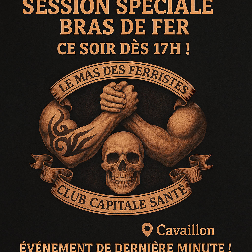 💪 Session spéciale Bras de fer – Ce soir dès 17h au Club Capitale Santé (Cavaillon) !
🔥 Événement de dernière minute pour tous les passionnés de force et de défi !
Que tu sois curieux de découvrir la discipline ou déjà adepte, viens partager un moment convivial et intense avec Le Mas des Ferristes 🤝
📍 Club Capitale Santé – Cavaillon
⏰ À partir de 17h
💥 Ambiance garantie, entrée libre !