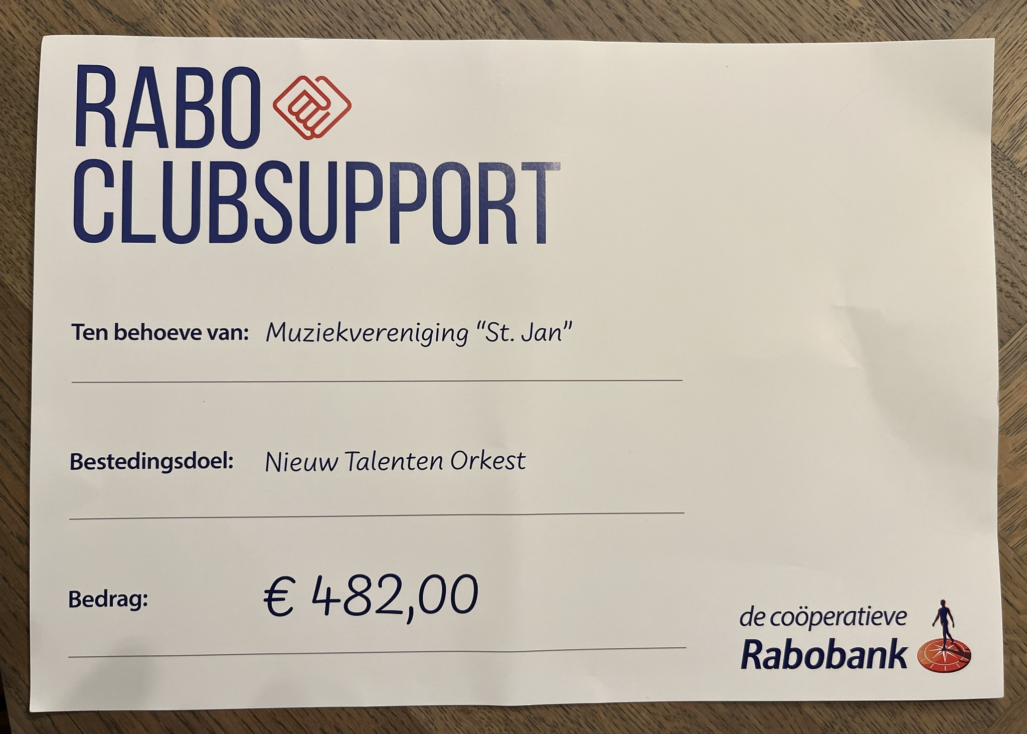DANKJEWEL!
Dat is wat we als St. Jan tegen alle Rabobank-leden willen zeggen die op ons gestemd hebben! Dankzij jullie hebben we het mooie bedrag van €482,00 ontvangen van de Rabobank om te investeren in het Nieuw Talenten Orkest! Ontzettend bedankt hiervoor!