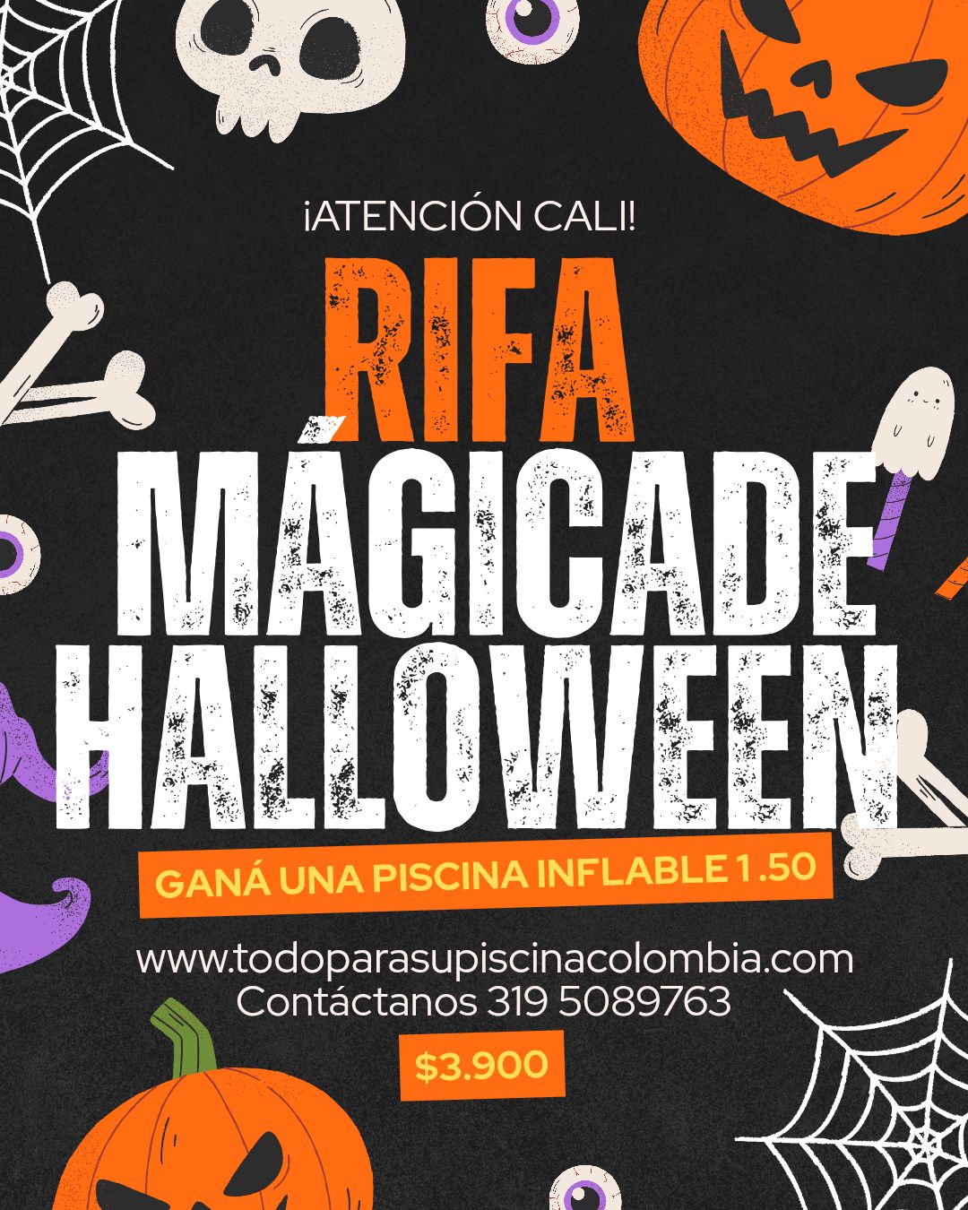 🎃✨ RIFA MÁGICA DE HALLOWEEN ✨🎃
¡Celebra esta temporada con alegría y gana una espectacular Piscina Inflable de 1.50 m! 💦👨👩👧👦
📍 Participa desde Cali o cualquier parte del Valle del Cauca y disfruta de una rifa divertida, segura y 100 % transparente.
🟧 Las casillas en color naranja ya están vendidas.
⬜ Las casillas en color blanco son las disponibles.
🎟️ Valor del boleto: $3.900
Solo 100 números (del 00 al 99) disponibles, ¡tienes grandes posibilidades de ganar! 🍀
💫 Sorteo con total transparencia:
El número ganador se determinará con las dos (2) últimas cifras del premio mayor de la Lotería del Valle, correspondiente al jueves 31 de octubre de 2025.
🔹 Este sistema asegura confianza total, ya que el resultado es oficial y público, consultable en los medios y redes verificadas de la Lotería del Valle.
📦 El premio se entrega preferiblemente en la ciudad de Cali.
🏊♀️ Si el ganador se encuentra en otra ciudad, podrá coordinar el envío directamente con el organizador.
📲 WhatsApp: 319 508 9763
💙 Organiza: Todo Para Su Piscina Colombia
🌐 www.todoparasupiscinacolombia.com
🎃 ¡No te quedes sin participar! Con solo $3.900 podrías llevarte esta piscina inflable para disfrutar en familia o con amigos. 🧡💦