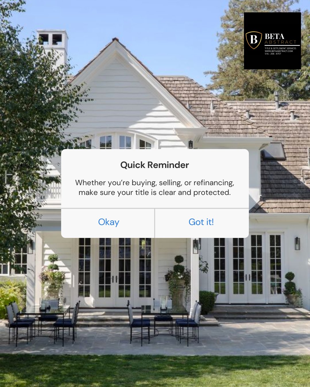 At Beta Abstract, we handle every detail to ensure a smooth closing process from start to finish.
✅ Reliable service
✅ Fast turnaround
✅ Expert communication
Contact us today to make your next real estate transaction seamless!
#RealEstate #TitleCompany #ClosingDay #HomeBuying #RealEstateLaw #PropertyTitle #NYRealEstate #BetaAbstract