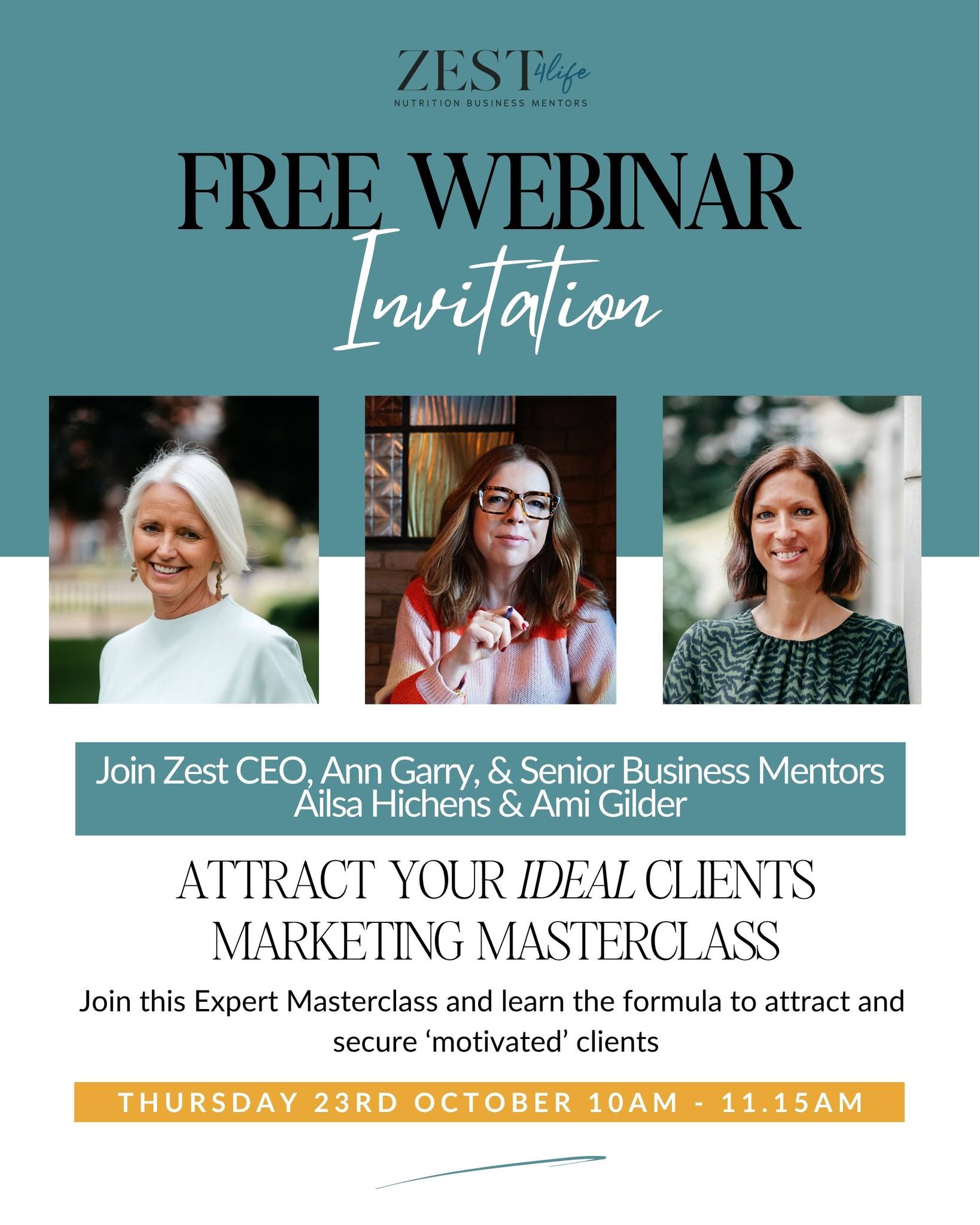 Do you want to attract more of your ideal, motivated clients? Would you love to learn a formula that captivates casual followers and converts them into paying clients?
If you’re like many Nutrition Professionals, you’d love a steady stream of clients coming through the door. But too often, it feels feast-or-famine - one month you’re busy, the next it’s quiet. Or perhaps you’re just not sure how to reach the right ideal client at all.
That’s why Zest4life CEO Ann Garry and Senior Mentors Ailsa Hichens and Ami Gilder are inviting you to a FREE marketing masterclass designed especially for practising Nutrition Professionals and recent graduates.
You’ll discover how to:
• Truly understand and connect with your ideal client
• Craft captivating messages using the Who, What, Why & How Method
• Create a simple, effective client journey that converts followers into paying clients
This masterclass isn’t about complicated strategies or doing more, it’s about learning how to speak your clients’ language, communicate your true value, and attract those who genuinely need your help.
You’ll leave the masterclass feeling confident, clear, and ready to connect authentically with clients who inspire and energise you.
🎥 Can’t make it live? Don’t worry - a recording will be sent to everyone who registers.
Book in now via the link in bio.