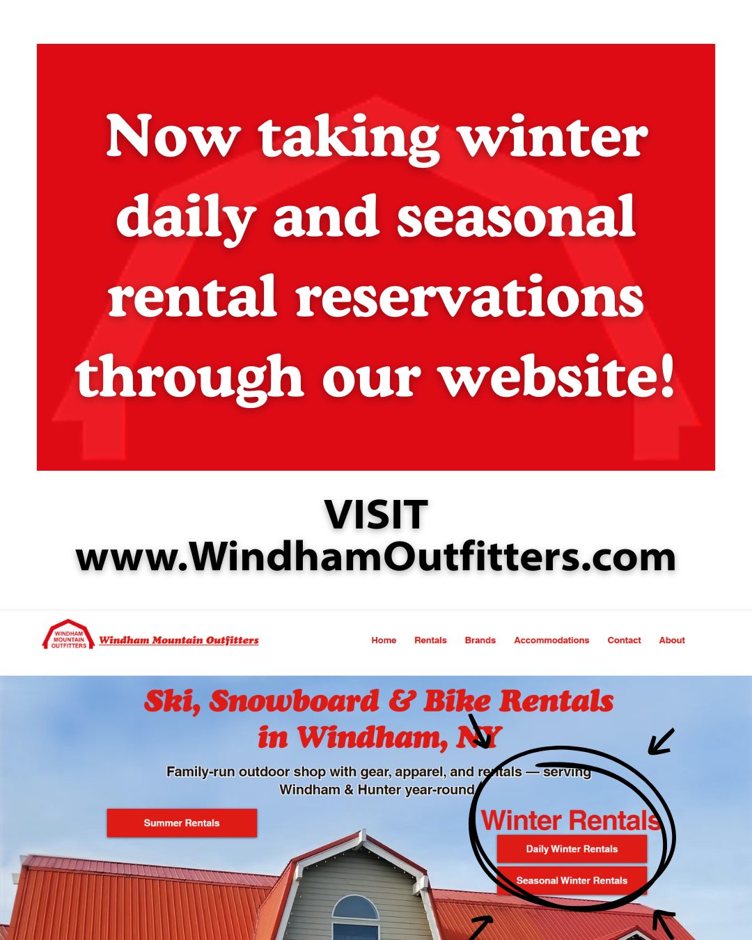 Now taking winter daily and seasonal rental reservations through our website! Visit www.WindhamOutfitters.com