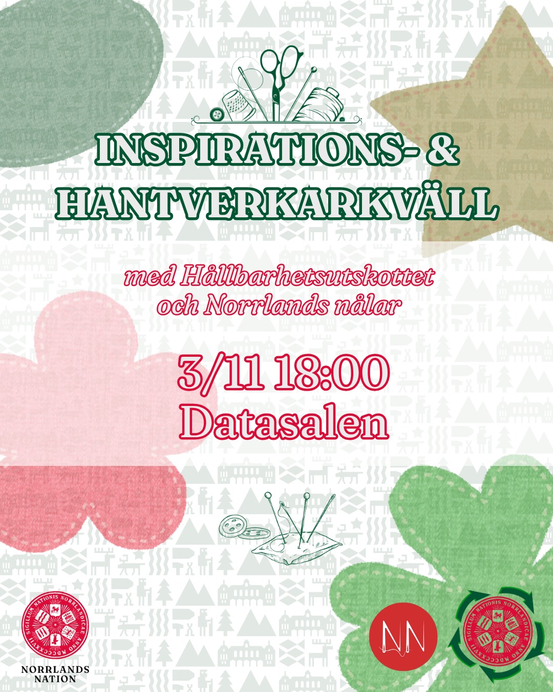 Hållbarhetsutskottet (HållUt) och Norrlands nålar välkomnar er in till inspirationskväll med efterföljande hantverkarkväll!
Kvällen startar kl. 18:00 med en 15-20 minuters inspirerande föreläsning om återbruk, lagning och uppcycling av klädesplagg, som hålls av HållUt. Därefter är ni välkomna att laga och arbeta med valfritt projekt - kanske är det dags att ta tag i den där tröjan som du aldrig får tid att laga, eller vill du kanske testa en ny lagningsteknik?
Under hela kvällen bjuds det på gratis fika (veganska och glutenfria alternativ finns).
Datum: 3 nomvember
Tid: 18-20
Plats: Datasalen
Varmt välkomna!
___
The Sustainability Committee (HållUt) and Norrlands nålar welcome you to an inspirational evening followed by a craft evening!
The evening starts at 18:00 with a 15-20 minute inspirational lecture on reuse, repair and upcycling of clothing, held by HållUt. Afterwards, you are welcome to repair and work on any project you like – maybe it's time to tackle that jumper you never have time to repair, or perhaps you want to try out a new repair technique?
Free fika will be served throughout the evening (vegan and gluten-free options available).
Date: 3 November
Time: 18-20
Location: Datasalen
Welcome!