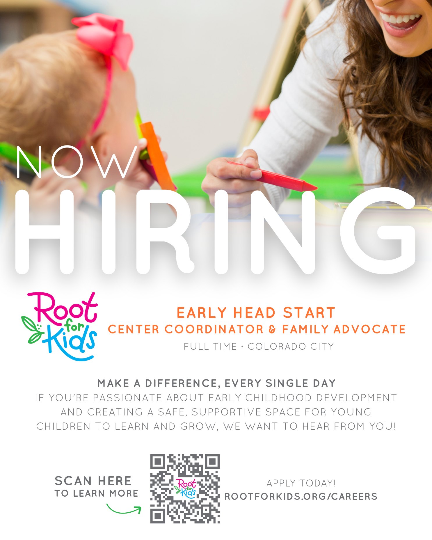 We’re seeking a full-time Early Head Start Center Coordinator/Family Advocate in Colorado City.
This is a wonderful opportunity to make a real impact in the lives of children and their families while working in a supportive, mission-driven environment.
This is an on-site full time role. Pay is $23-$26/per hour plus excellent benefits. 
To learn more and apply, please visit rootforkids.org/careers.
Help us nurture strong beginnings for every child. 🌱