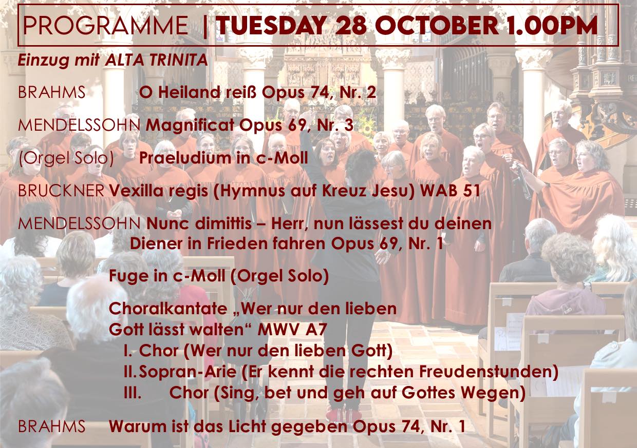 St Paul’s Church is delighted to be welcoming the Domkantorei Schleswig Cathedral Choir, in association with Ely Cathedral, to Bedford next Tuesday 28 October. The choir will be giving our next lunchtime recital at 1.00pm, and it promises to be an exceptional concert, with choral works by Brahms, Bruckner Mendelssohn performed by over twenty voices.
The Domkantorei Schleswig cathedral choir was refounded in 1975 by then cathedral cantor Karl Helmut Herrmann and musically developed by his successor Rainer Selle until 1997. Since February 2021, the cathedral cantor, Mahela T. Reichstatt, has been leading the choir, which currently has about 35 members.
The cathedral choir is primarily dedicated to a cappella music from Gregorian chant to the present day. In addition to great works by Bach, other larger works with instrumental
accompaniment are also performed. In addition, regular singing in church services is one of
their tasks.
The choir has already sung in Paris, London, Vienna, Prague and Poland, so we are very pleased that the Domkantorei Schleswig annual concert tour will include Bedford this year!
Recitals are free with a suggested minimum donation of £5.
The St Paul’s Concert Team
(Registered Charity 1134614)