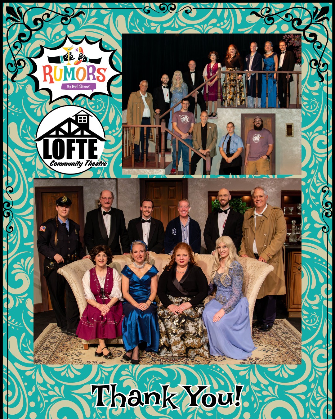 Today was our closing performance of "Rumors." This show was so much fun, and we had a blast sharing it with our audiences! We were delighted to take you on a journey with these couples in precarious positions, and we hope you enjoyed the ride as well. First, a big thank you to all of our cast members - while this cast had many new faces, it also had a few familiar ones, as well as some making a triumphant return, and we loved having each and every one of them! A big thank you to our artistic director, Kevin Colbert, who put together this cast and crew of talented individuals to bring the laughs to the barn every night! Thanks to Brandy Hall for her impeccable work on the props, and to Kathryn Cover for her assistance with the costumes—both of which really set the scene for the high-society night of confusion. Thanks to Kelsey Carritt and Andy Robichaux, who stage managed the production, and shout out to Aaron Spracklin for his wonderful lighting design and Nick Haussler for his sound design. Thank you to our scenic designer, Adam Whittredge, and our Scenic artist, Linda Dabbs, who really made this mansion look the part. Thank you, of course, to our front-of-house staff and volunteers. And finally, thank you to each and every person who came out to see this show! There is no performance without an audience, and we couldn't be more grateful to have your support. We hope these antics and silly scenarios made you smile and left you wanting more.
Our final production of the year will be "One Christmas Eve at Evergreen Mall," which will open on December 6th. Join us for heart-warming tales of holiday cheer. Get tickets at lofte.org/tickets or call 402-234-2553. Hope to see you there!