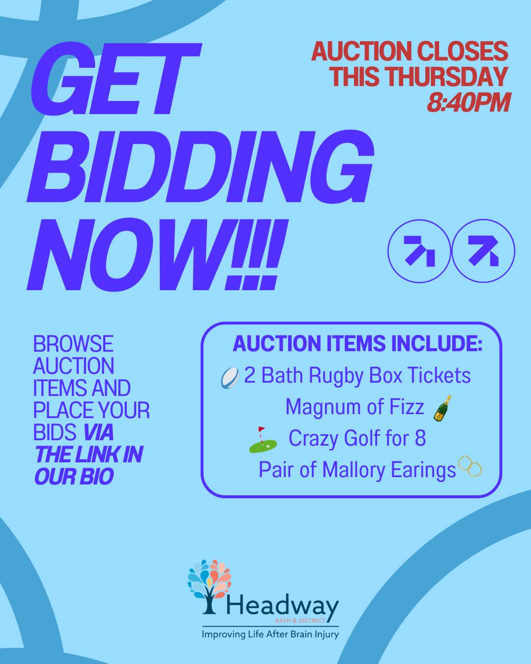 Get Bidding Now!!!
Our Silent Auction closes this Thursday at 8:40pm! ⏰
Don’t miss your chance to bid on amazing prizes while supporting people living with brain injury.
Head to the link in our bio to browse items and place your bids!
#HeadwayBath #SilentAuction #BidNow #CharityFundraiser #BathUK
