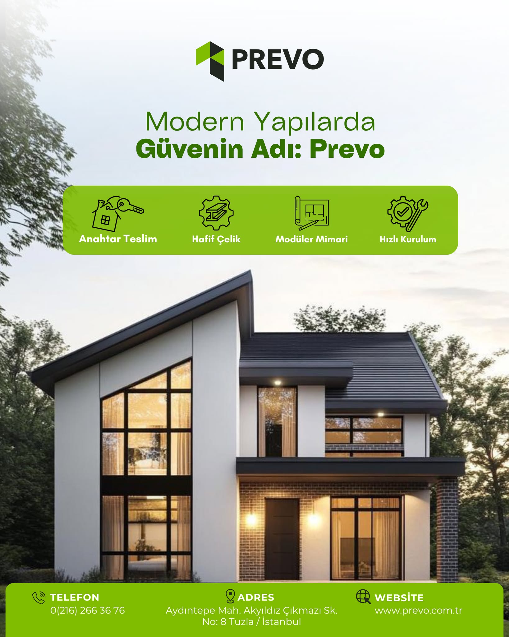 Prevo, hafif çelik ve modüler mimari çözümleriyle modern yapılarda yeni bir standart oluşturuyor. 🌿✨
Anahtar teslim süreç, hızlı kurulum avantajı ve mühendislik gücüyle Prevo; güvenli, estetik ve uzun ömürlü yapılar inşa eder.
#Prevo #PrefabrikEv #HafifÇelik #AnahtarTeslim #ModülerMimari #ModernYapılar #Hızl