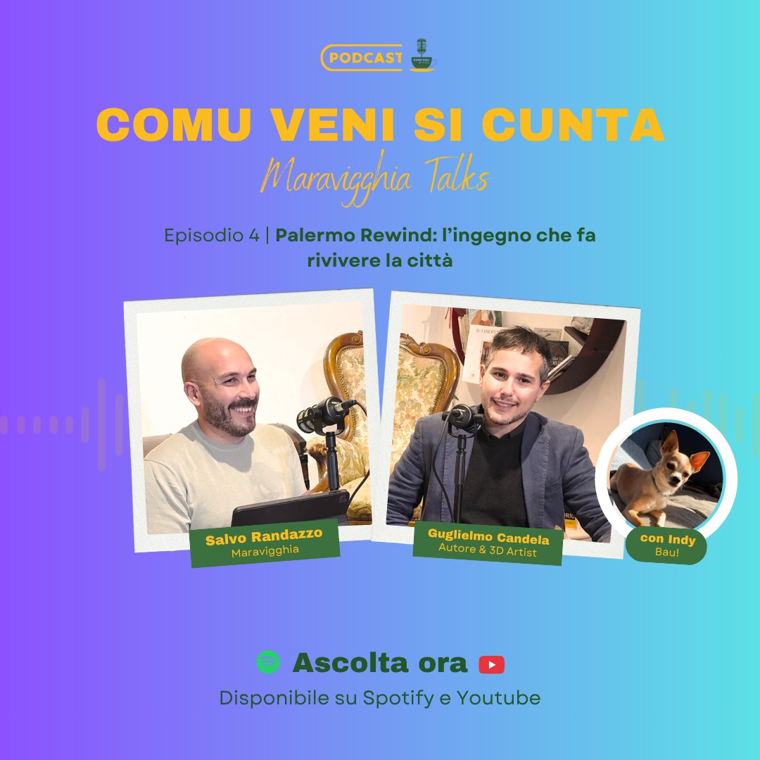 🏙️ @palermorewind è un viaggio nel tempo e nella memoria collettiva della città, un progetto che unisce arte, tecnologia e identità per far rivivere Palermo in modo unico e sorprendente. ✨
🎙️ Nell’episodio 4 di 𝘾𝙤𝙢𝙪 𝙫𝙚𝙣𝙞 𝙨𝙞 𝙘𝙪𝙣𝙩𝙖 – 𝙈𝙖𝙧𝙖𝙫𝙞𝙜𝙜𝙝𝙞𝙖 𝙏𝙖𝙡𝙠𝙨, Guglielmo Gagliano Candela, autore e 3D artist, ci racconta come è nato questo progetto e come la creatività può trasformarsi in uno strumento di valorizzazione culturale.
🐶 E con lui… una presenza speciale: Indy, il suo fedele compagno di avventure! 💛
🎧 𝗔𝘀𝗰𝗼𝗹𝘁𝗮 𝗼𝗿𝗮, 𝘀𝘂 𝗦𝗽𝗼𝘁𝗶𝗳𝘆 𝗲 𝗬𝗼𝘂𝗧𝘂𝗯𝗲. 𝗟𝗶𝗻𝗸 𝗶𝗻 𝗯𝗶𝗼!
#ComuVeniSiCunta #MaravigghiaTalks #PalermoRewind #Podcast #Palermo #CulturaDigitale #3DArt #Innovazione #Creatività #StorieSiciliane