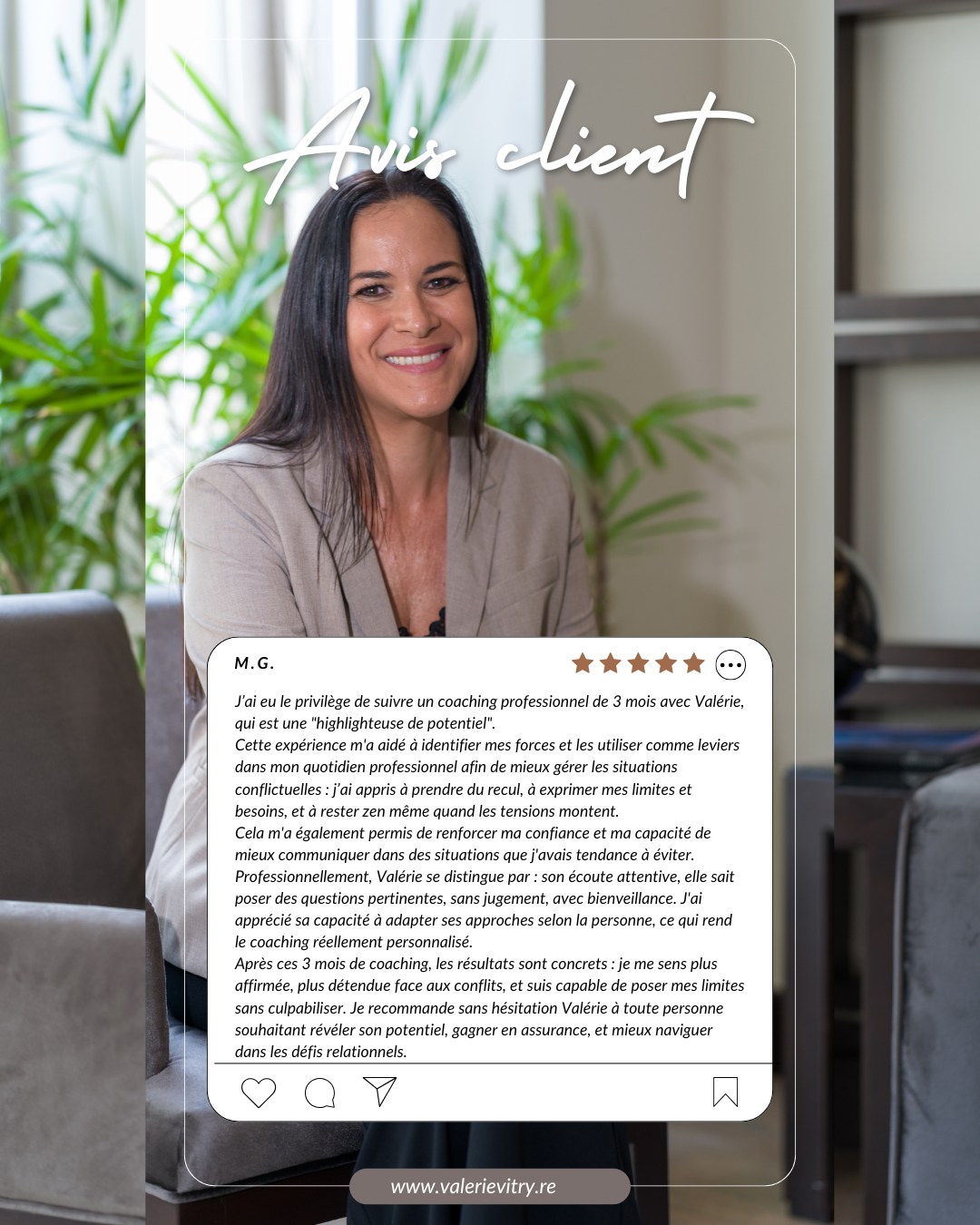 Merci à ma cliente pour ce beau témoignage ✨
« J’ai eu le privilège de suivre un coaching professionnel de 3 mois avec Valérie, qui est une "highlighteuse de potentiel". Cette expérience m'a aidé à identifier mes forces et les utiliser comme leviers dans mon quotidien professionnel afin de mieux gérer les situations conflictuelles : j’ai appris à prendre du recul, à exprimer mes limites et besoins, et à rester zen même quand les tensions montent. Cela m'a également permis de renforcer ma confiance et ma capacité de mieux communiquer dans des situations que j'avais tendance à éviter. Professionnellement, Valérie se distingue par : son écoute attentive, elle sait poser des questions pertinentes, sans jugement, avec bienveillance. J'ai apprécié sa capacité à adapter ses approches selon la personne, ce qui rend le coaching réellement personnalisé Après ces 3 mois de coaching, les résultats sont concrets : je me sens plus affirmée, plus détendue face aux conflits, et suis capable de poser mes limites sans culpabiliser. Je recommande sans hésitation Valérie à toute personne souhaitant révéler son potentiel, gagner en assurance, et mieux naviguer dans les défis relationnels. » MG
#coachingprofessionnel #coachingindividuel #ecouteactive #ilovemyjob