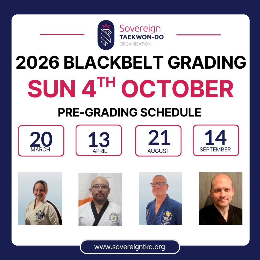 🥋 BLACK BELT GRADING 2026 ANNOUNCEMENT 🥋
The countdown is on! ⏳
📅 Sunday 4th October 2026 — our next Black Belt Grading is officially set! 🖤🥋
Pre-grading dates are also confirmed — please check the poster for all the details. 📋
We’re honoured to welcome an exceptional panel of senior instructors representing Scotland, Ireland, England, and Wales — bringing together incredible experience, knowledge, and dedication to Taekwondo. 💥
Master Claire Crosbie – Scotland
Master Paul O’Leary – Ireland
Mr Paul Lolley – England
Mrs Leanne Lolley – England
Mr Gareth Williams – Wales
A fantastic team ready to guide and inspire the next generation of black belts! 💪🔥
#SovereignTKD #BlackBeltGrading2026 #Taekwondo #Excellence #SovereignStrong #MartialArtsJourney #BlackBelt