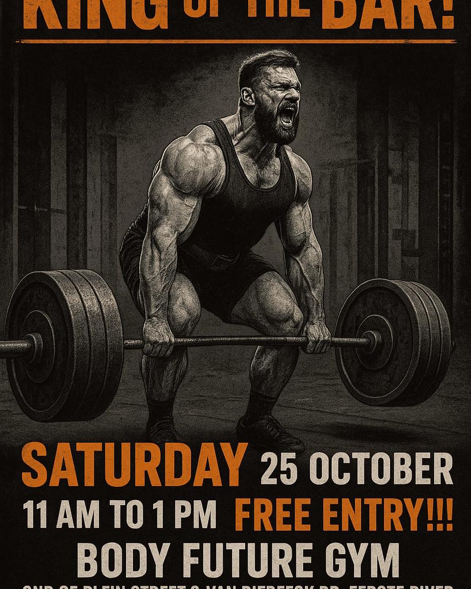 🦍🔥 KING OF THE BAR – DEADLIFT SHOWDOWN 🔥🦍
Think your deadlift game is untouchable?
Let’s see who really owns the platform!
📅 This Saturday, 25 October
🕚 11 AM – 1 PM
📍 Body Future Gym, Eerste River Mall
🎁 Prizes to be WON!
Just one lift. One bar. One KING.
💥 DEADLIFT ONLY competition
Open to all – beginners, beasts, and everyone in between!
🎯 Max effort. Max hype.
🏆 Bragging rights + real rewards
👀 Spectators welcome – let’s pack the gym!
Tag your strongest friends & come pull heavy!
#KingOfTheBar #DeadliftOnly #BodyFutureGym #EersteRiver #StrengthWars #LiftBigWinBig