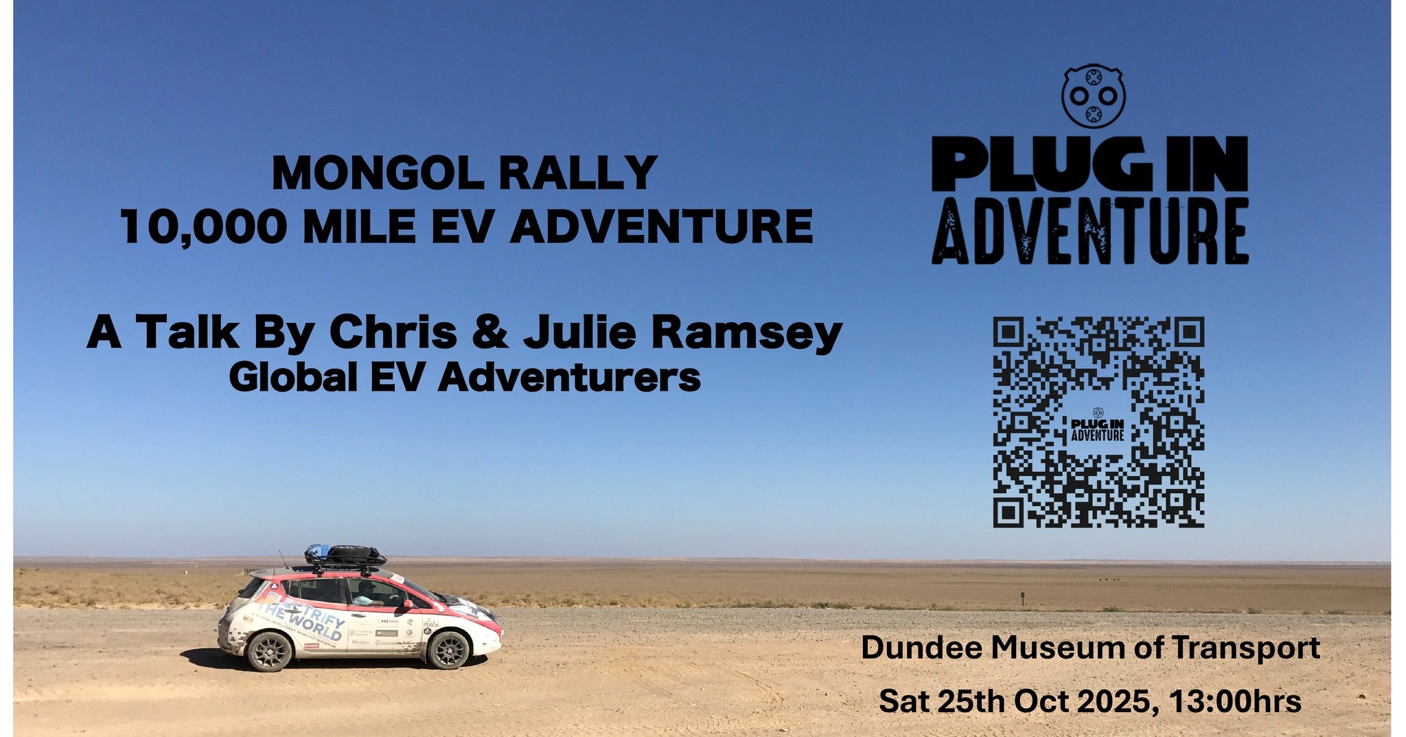 🚗💨 Looking for something exciting to do this weekend?
We’ve got just the thing! Join us for an incredible talk by Plug In Adventure, where you’ll hear all about their amazing journey taking part in the Mongol Rally — an epic adventure like no other! 🌍⚡️
Come along, get inspired, and hear first-hand what it’s like to take on one of the world’s toughest rallies in an electric car. ⚡️🚙
📅 Saturday October 25, 13:00 - 15:00
📍 Dundee Museum of Transport, Market Mews, DD1 3LA
🎟️ Free with admission
Are you doing anything this weekend? Why not join us for this electrifying story of endurance, innovation, and adventure!