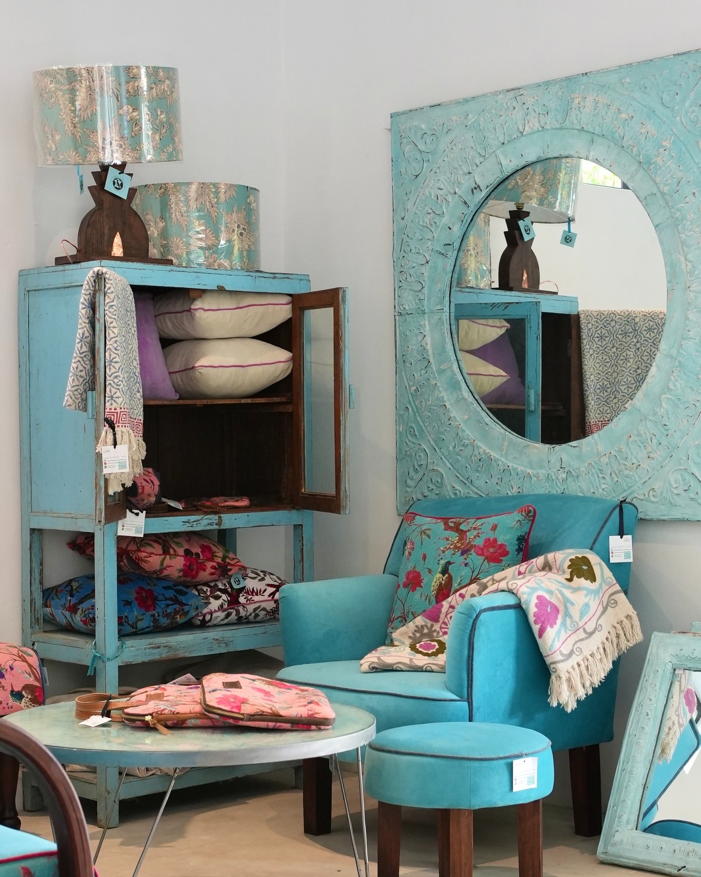 Are teal and pink your colours? From beautiful velvet chairs to stunning throws and carpets, come and visit the showroom to see everything this collection has to offer.