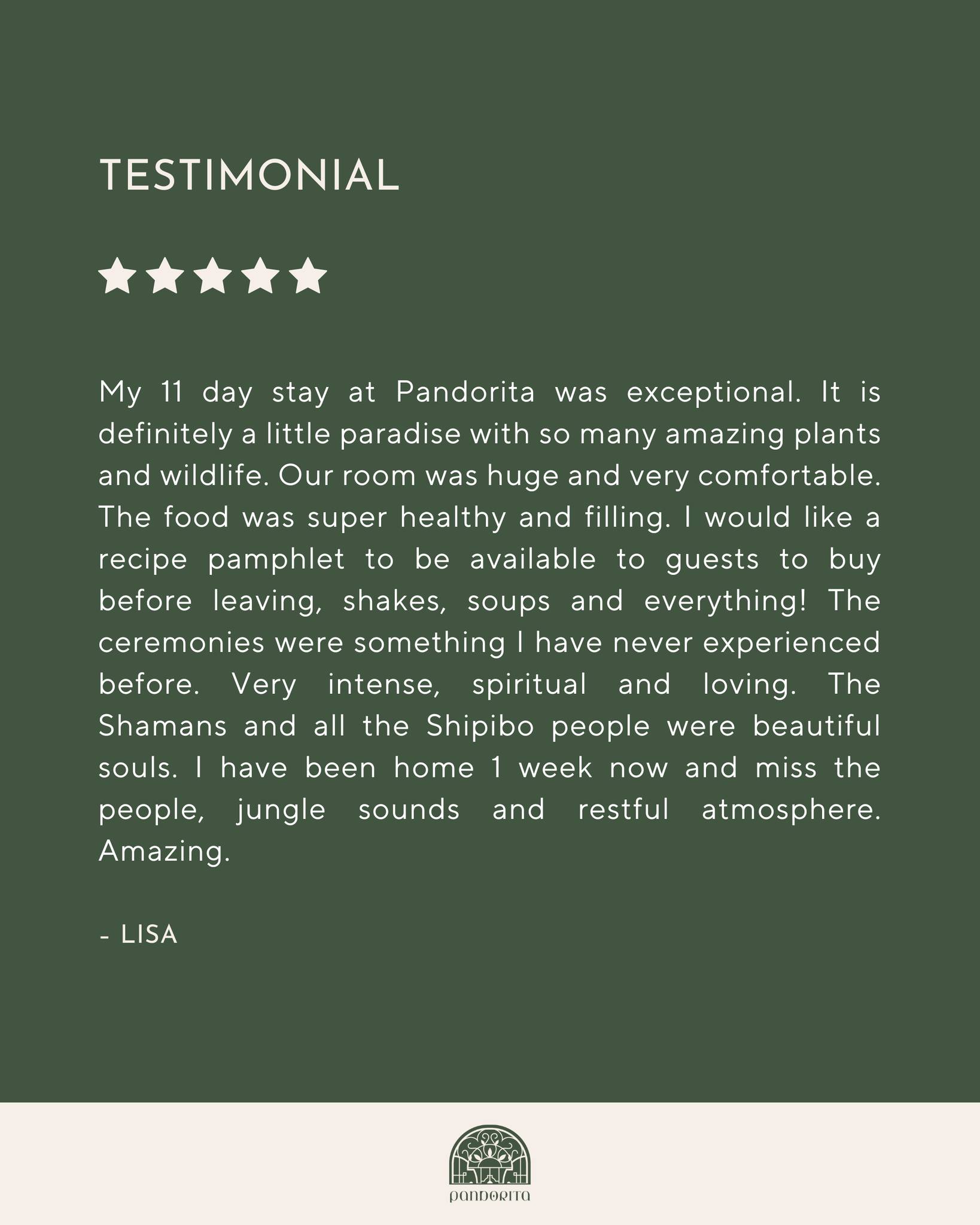 This reflection from one of our recent guests captures what words often can’t: the way Pandorita stays with you.
✨ Intimate ceremonies guided by female Shipibo shamans
🥣 Nourishing plant-based meals (yes, we’re working on that recipe pamphlet!)
🌴 Lush nature and stillness that sinks into your bones
We’re so grateful for every soul that chooses to journey with us and for the magic that continues long after the retreat ends.
Curious about joining us?
Our next dates are live - get in touch.
#pandorita #ayahuasacostarica #healingretreat #plantmedicinejourney #spiritualretreat #femaleshamans #shipibohealing #jungleretreat