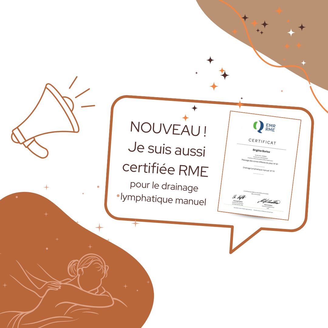 Une belle nouvelle à partager 🌸
Je suis désormais agréée RME pour le Drainage Lymphatique Manuel !
Cette reconnaissance vient s’ajouter à celle déjà obtenue pour la Réflexologie Plantaire, et me permet de continuer à vous accompagner dans vos soins de manière encore plus complète et reconnue.
Merci pour votre confiance 💚
🌿Je me réjouis de vous rencontrer !
📍 Cabinet Corporelle.ch – Brigitte Borloz – Hameau de la Gare - Les Diablerets
🌐 Réservation en ligne : www.corporelle.ch/reservations
📱 Pour me joindre : +41 77 481 02 85 ou email : info@corporelle.ch
Thérapeute agréée ASCA et RME (selon les soins)
@arcad_lesdiablerets
@diablerets
@therapeutes.ch