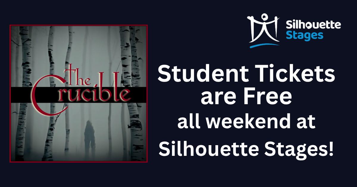 There are three more chances for audiences to see The Crucible at Silhouette Stages this weekend, and we wanted to remind you that all student tickets for this weekend are FREE! Just go to our website and when you select your tickets, student tickets are $0. Friday and Saturday shows are at 8 pm and Sunday's matinee is at 2 pm. You won't want to miss this compelling drama. And don't just take our word for it. "This American classic that denotes an actual witch hunt is recommended for the historical benefit of the story and especially to witness an extraordinary cast giving it their all. Silhouette Stages does a splendid job in bringing life to the story." ~Steve Charing, OUTspoken