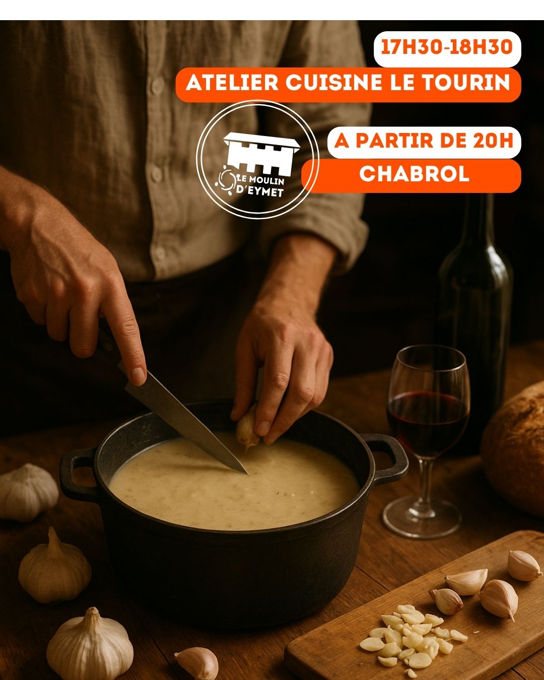 Ce samedi, nous vous attendons pour :
đ©âđłAtelier cuisine : le Tourin de Christine Ă 17h30
đ§2 options pour faire chabrol le soir :
- à l'issue de la balade aux flambeaux à 19h / 10 euros (réservation Office du Tourisme)
- Ă partir de 20h directement au Moulin / 6 euros