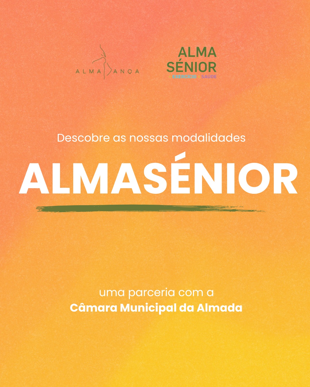 Almasénior é um programa de atividade física dinamizado pela Câmara Municipal de Almada, que procura sensibilizar a população sénior para a prática de exercício físico, promovendo assim o bem-estar, saúde e aumento da qualidade de vida, de uma forma solidária e inclusiva.
É um programa pensado para a população com idade igual ou superior a 60 anos. Existem várias modalidades por todo o Concelho, e com muito orgulho a Almadança faz parte do leque de oferta de atividades.
Para saberem mais, enviem-nos uma mensagem ou façam-nos uma visita 😁🥰