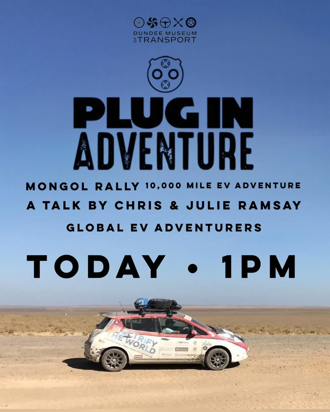 Join us this afternoon at Dundee Museum of Transport for an incredible talk with Plug In Adventure, as they share their thrilling experience taking on the Mongol Rally – one of the world’s toughest challenges – in an electric car! 🌍💨
It’s a story of adventure, innovation and determination you won’t want to miss.
📅 Today, Saturday 25 October
🕐 13:00 - 15:00
📍 Dundee Museum of Transport, Market Mews, DD1 3LA
🎟️ Free with admission
There’s still time to come on down and be inspired by this electrifying journey!