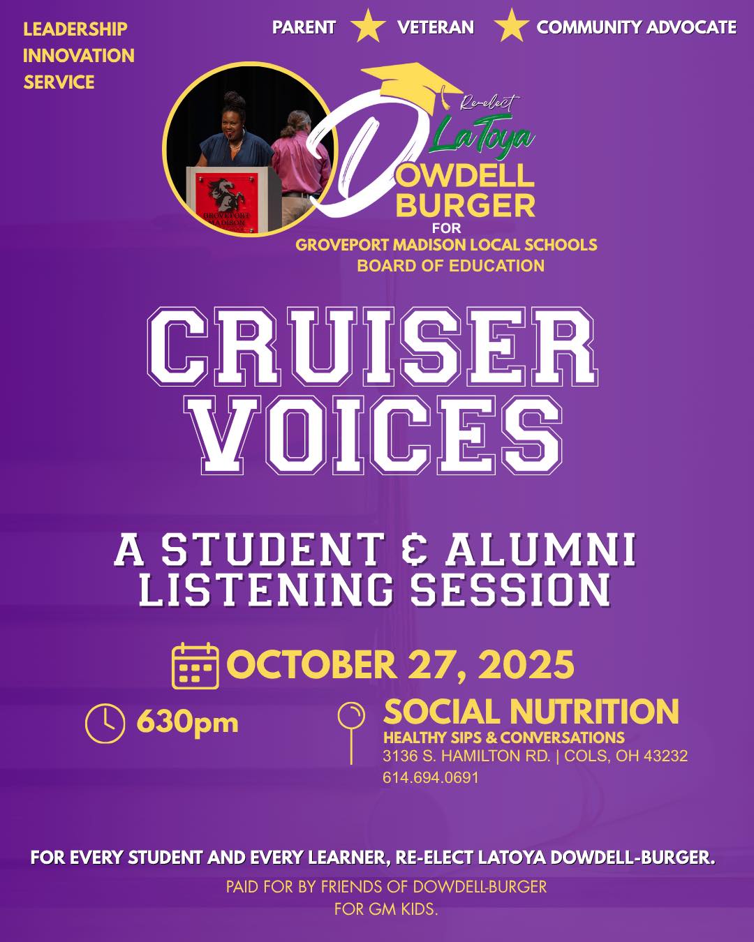 🎤 Last LinkUp with LaToya: Cruiser Voices! 🐎🎓❤️🖤
Don't miss our final campaign event: Cruiser Voices: A Student & Alumni Listening Session!
This is an engaging and dedicated event designed to amplify the voices of our current students and alumni. Your experiences and insights are invaluable in shaping the future of our schools.
What to Expect at the Session:
* Interactive Discussions: Engage in meaningful conversations about your experiences.
* Feedback Opportunities: Share your thoughts on current programs and areas for improvement.
* Networking: Connect with fellow Cruisers who share a passion for enhancing our school community!
This event is open to all current students and alumni who want to contribute. Your voice matters!
RSVP Link (in bio): https://linktr.ee/DowdellBurger4GMS
🚨 The Final Push: Let's Finish Strong! 🚨
While the Listening Session is our focus tonight, this week is critical! You can still Link Up with LaToya to help us win:
* Door Knocking (Until Election Day)
* Early Voting (Do it this week!)
* Souls to the Polls on Sunday!
* Poll Standing on ELECTION DAY (Nov 4th)!
Link here (in bio) to volunteer: https://linktr.ee/DowdellBurger4GMS
🎓Thank you for being part of this journey! Together, let's create a brighter future for all Cruisers, and together, we serve #EveryStudentEveryLearner! 💜📚🚀🎉
#everystudenteverylearner #dowdellburgerforgms #groveportmadison #publiceducation #publiceducationmatters #gocruisers